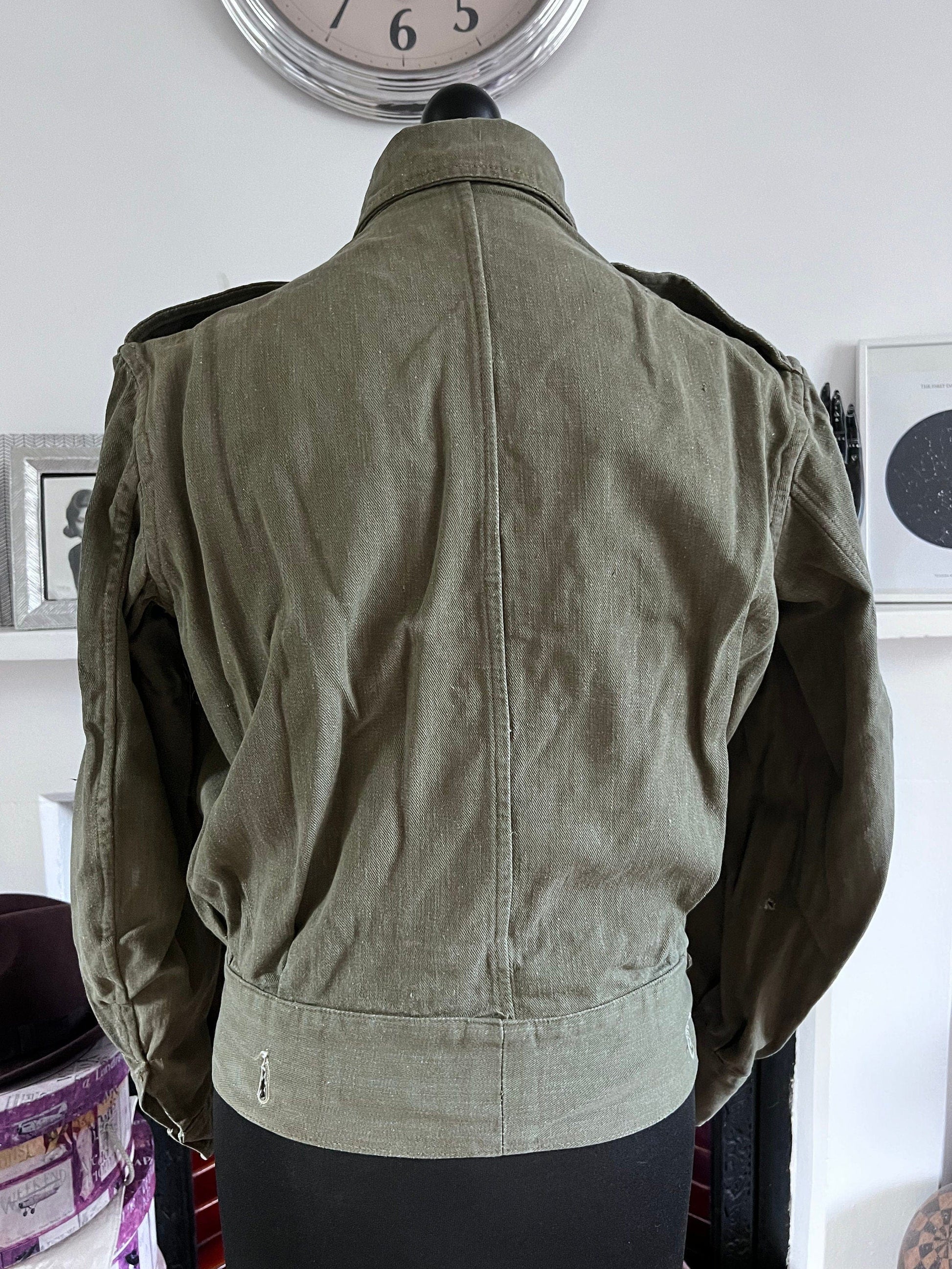 Vintage 1952 British Army Royal Marines Military Overalls Denim Blouse Olive Green Jacket S/M