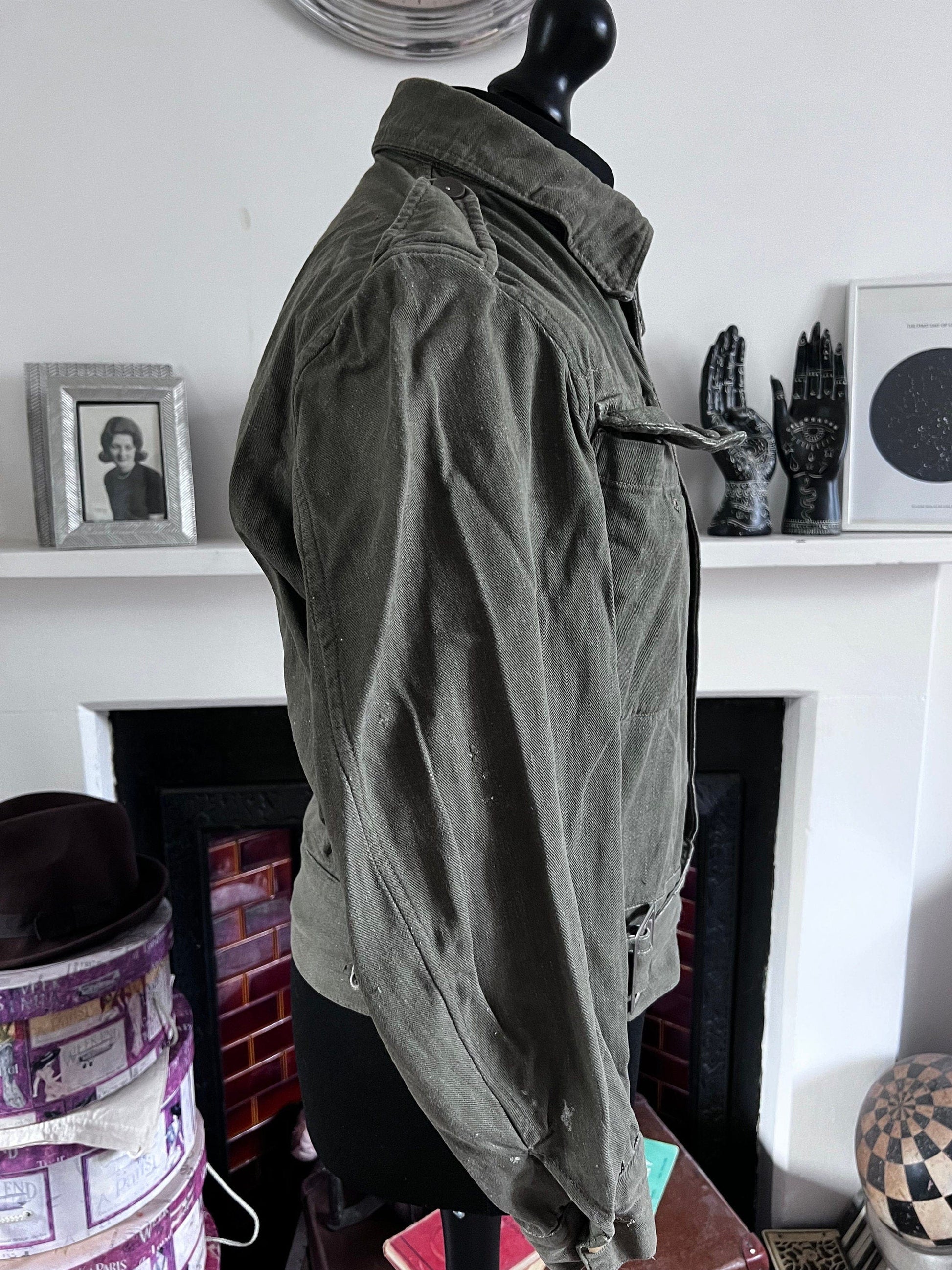 Vintage 1952 British Army Royal Marines Military Overalls Denim Blouse Olive Green Jacket S/M