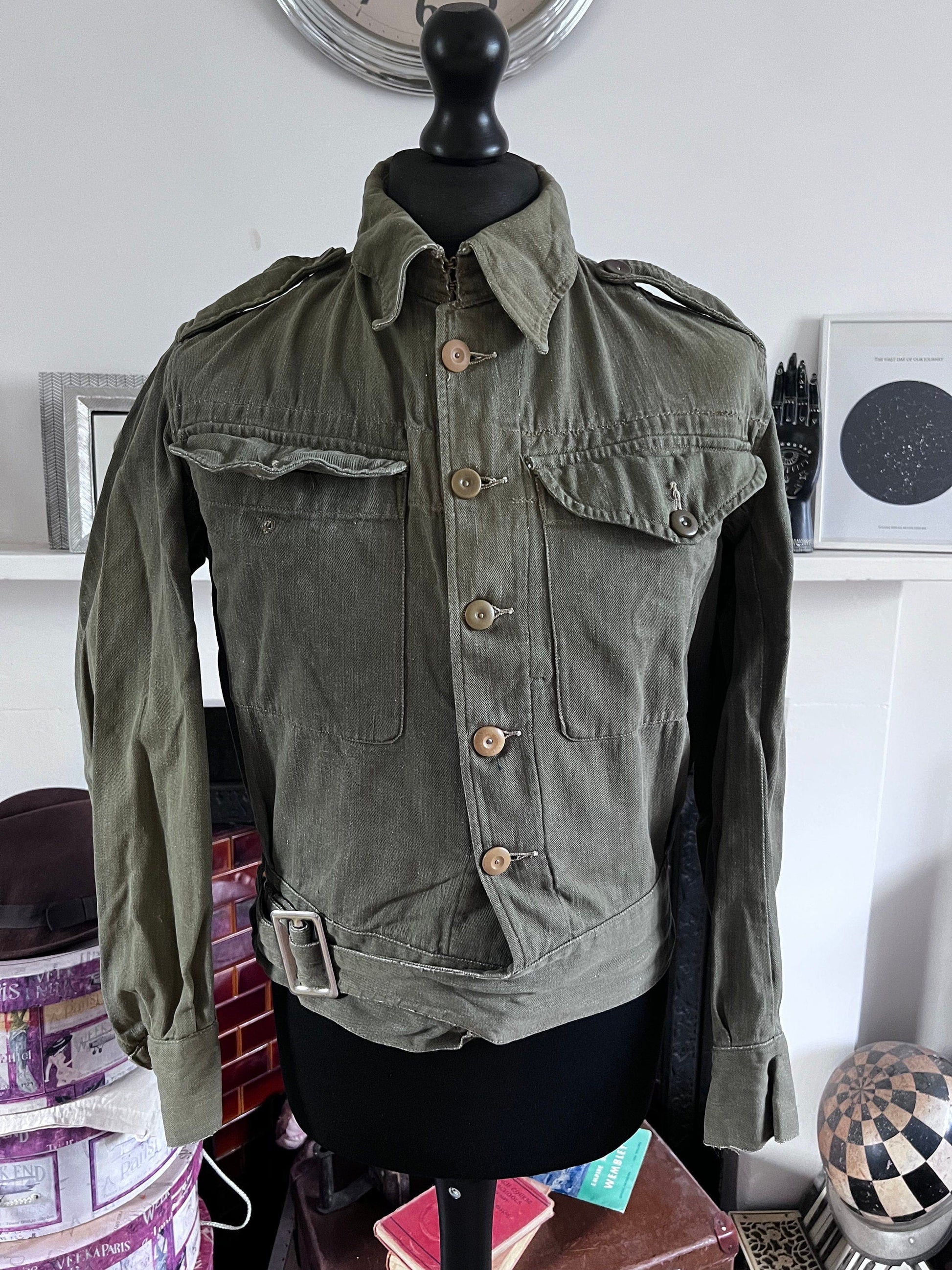 Vintage 1952 British Army Royal Marines Military Overalls Denim Blouse Olive Green Jacket S/M