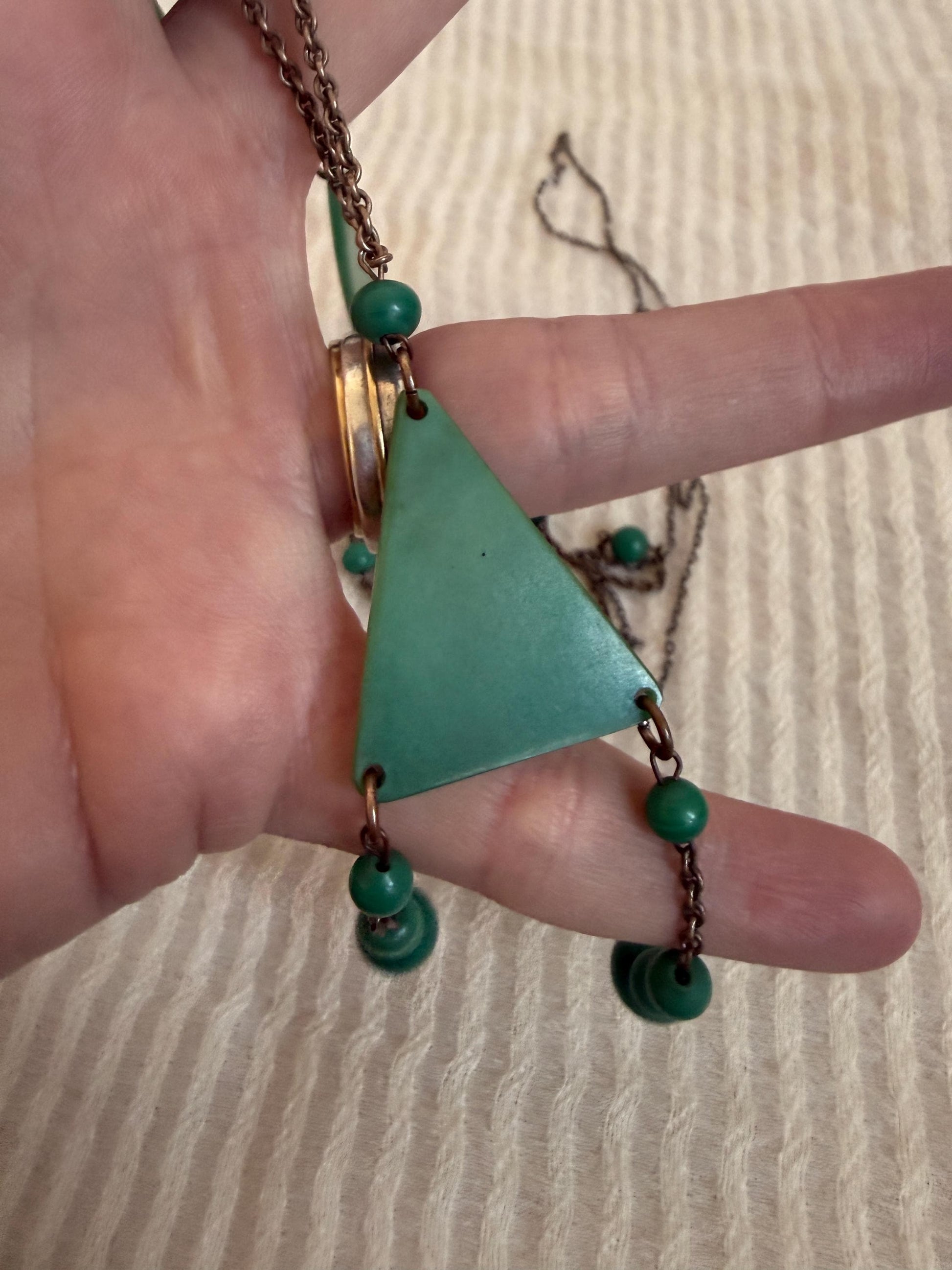 Vintage Art Deco Green Necklace, 1930s Early Plastic Sautoir, Geometric Flapper Jewellery, Long Green Beaded Necklace