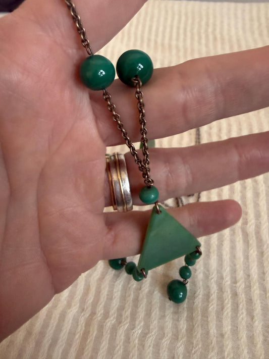 Vintage Art Deco Green Necklace, 1930s Early Plastic Sautoir, Geometric Flapper Jewellery, Long Green Beaded Necklace