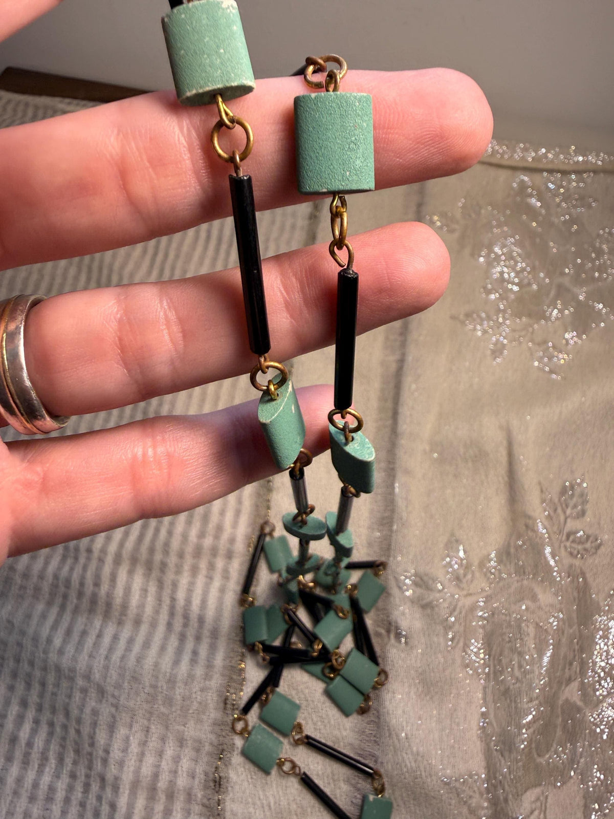 Vintage Art Deco Style Green Black Geometric Necklace Long Beaded Costume Jewellery