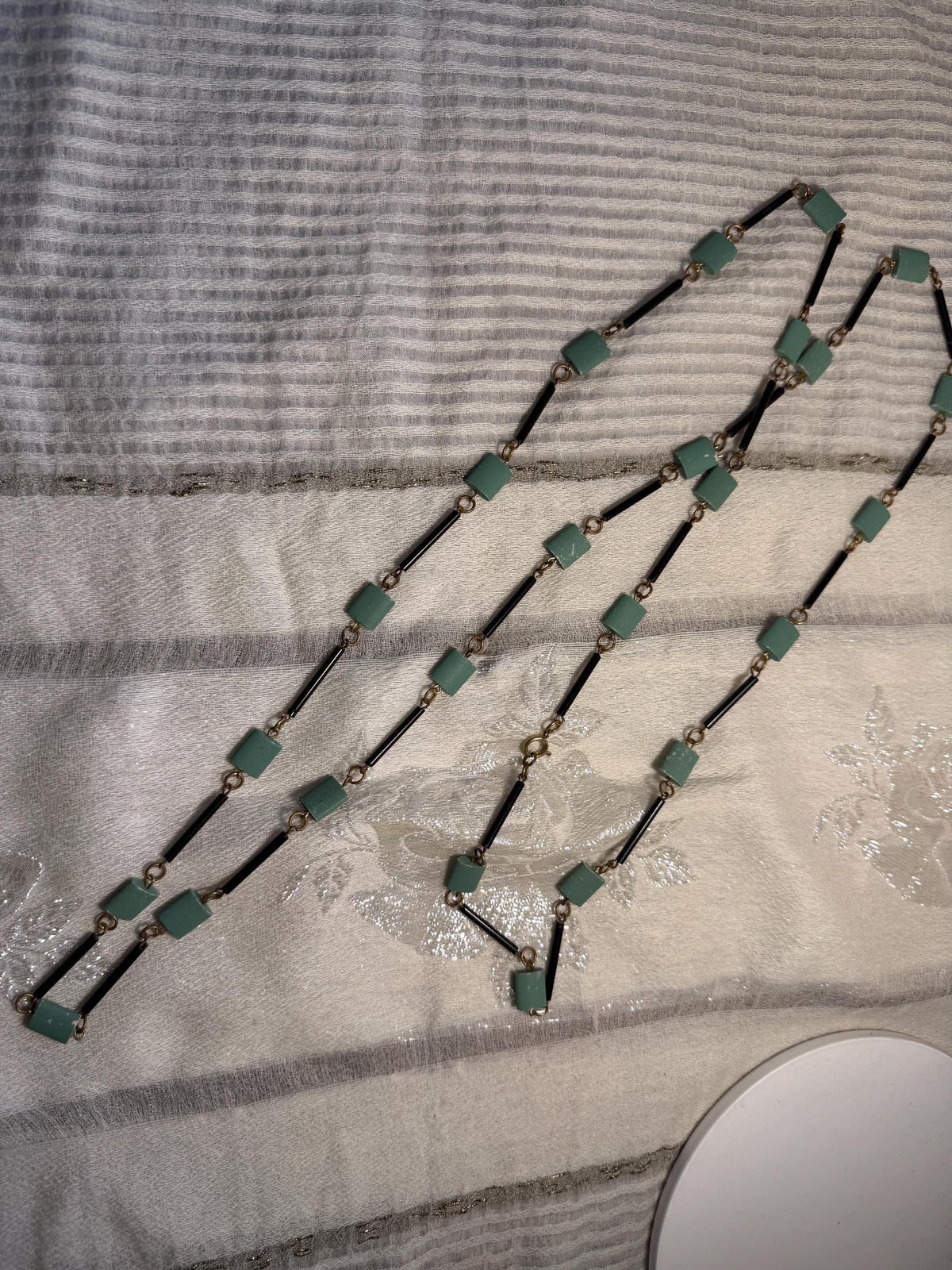 Vintage Art Deco Style Green Black Geometric Necklace Long Beaded Costume Jewellery