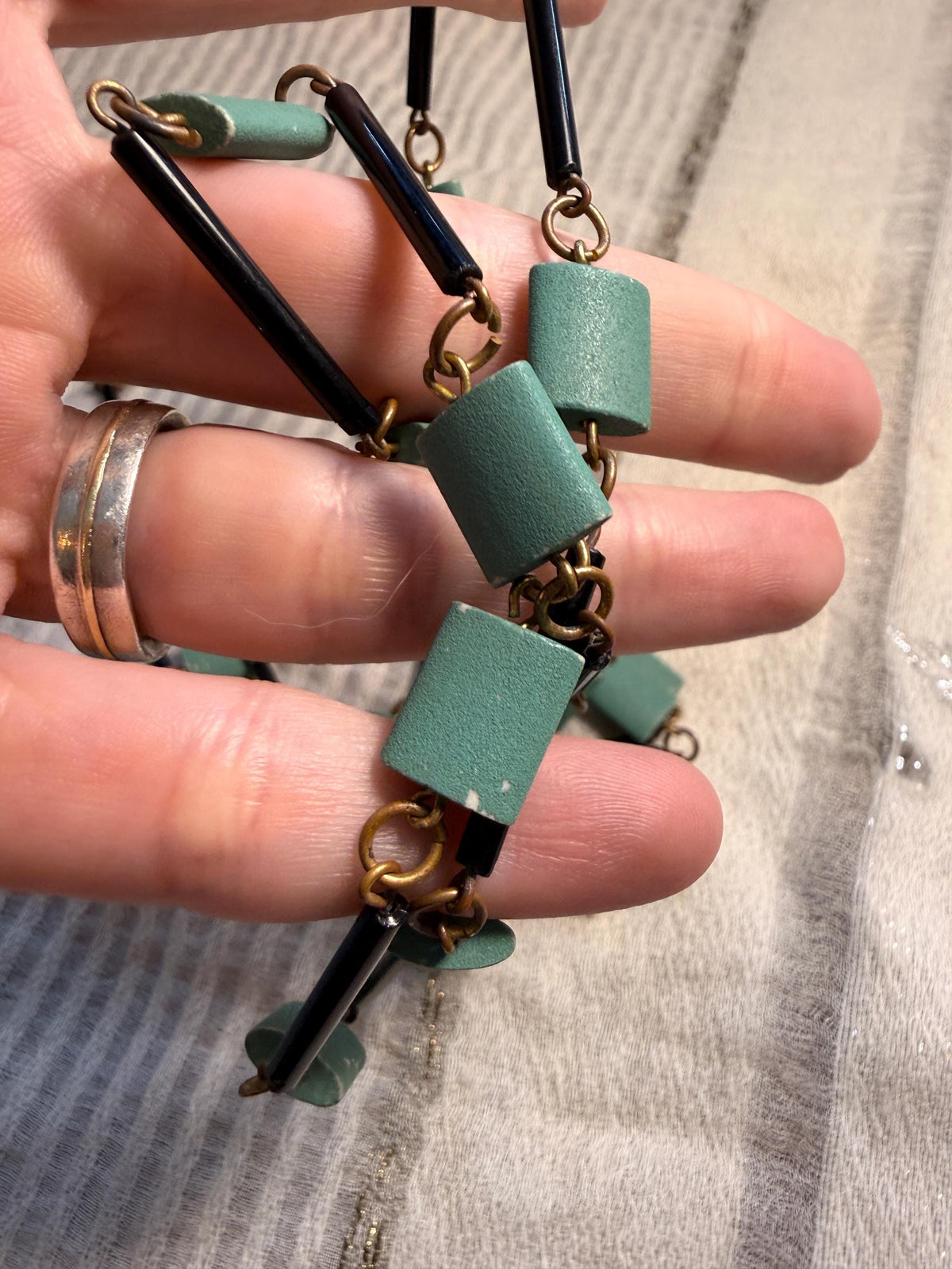 Vintage Art Deco Style Green Black Geometric Necklace Long Beaded Costume Jewellery