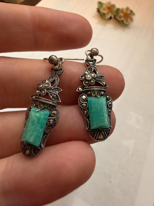 Vintage Art Deco Style Marcasite & Turquoise Glass Drop Earrings – Silver Tone
