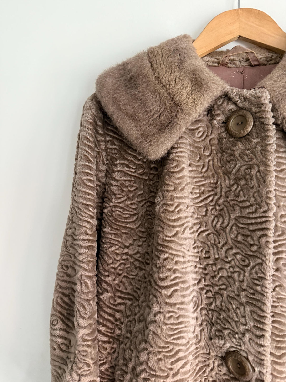 Vintage Astraka Faux Fur Coat, Taupe Courtelle, Plush Collar, Pink Lining