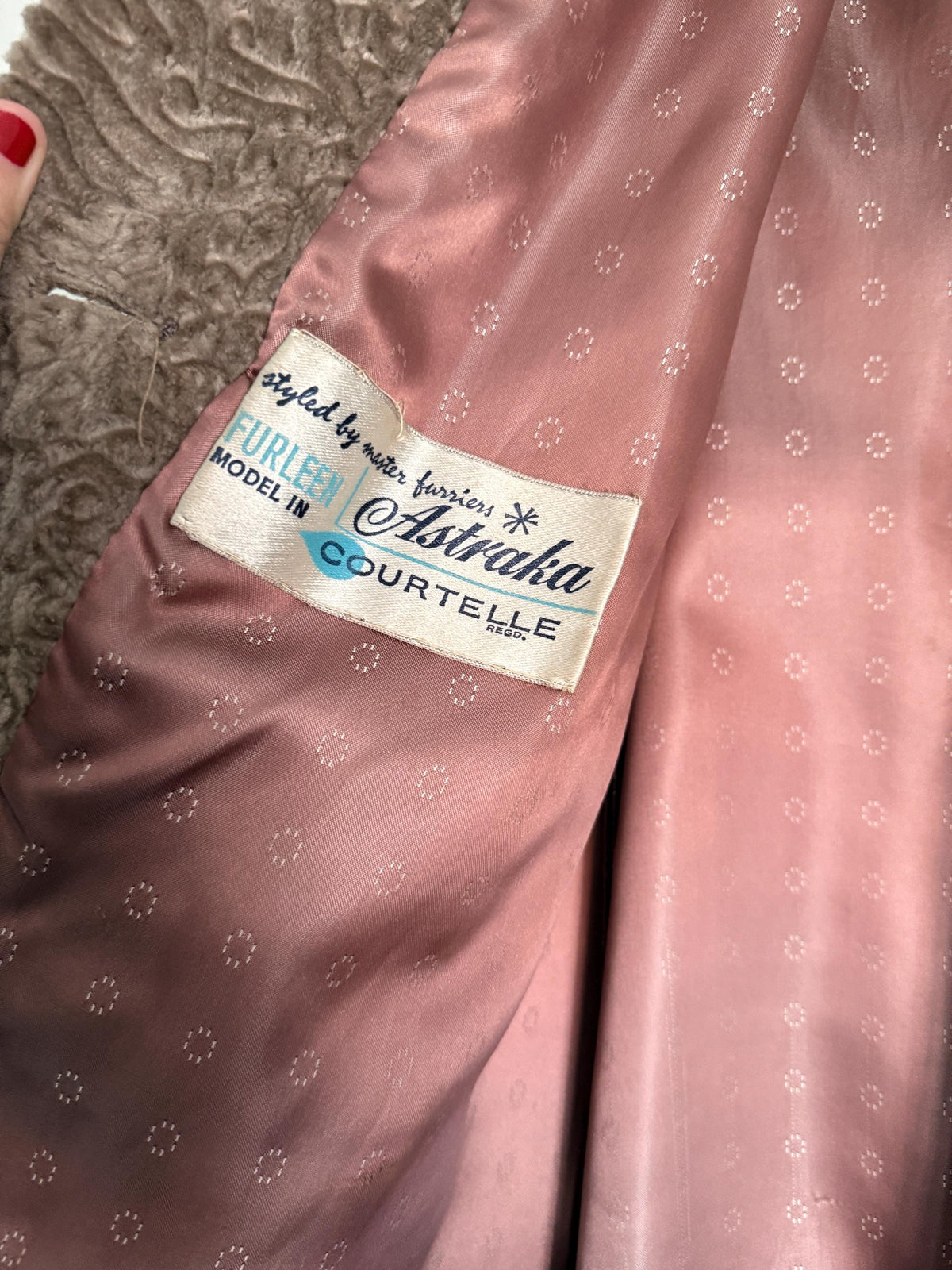 Vintage Astraka Faux Fur Coat, Taupe Courtelle, Plush Collar, Pink Lining