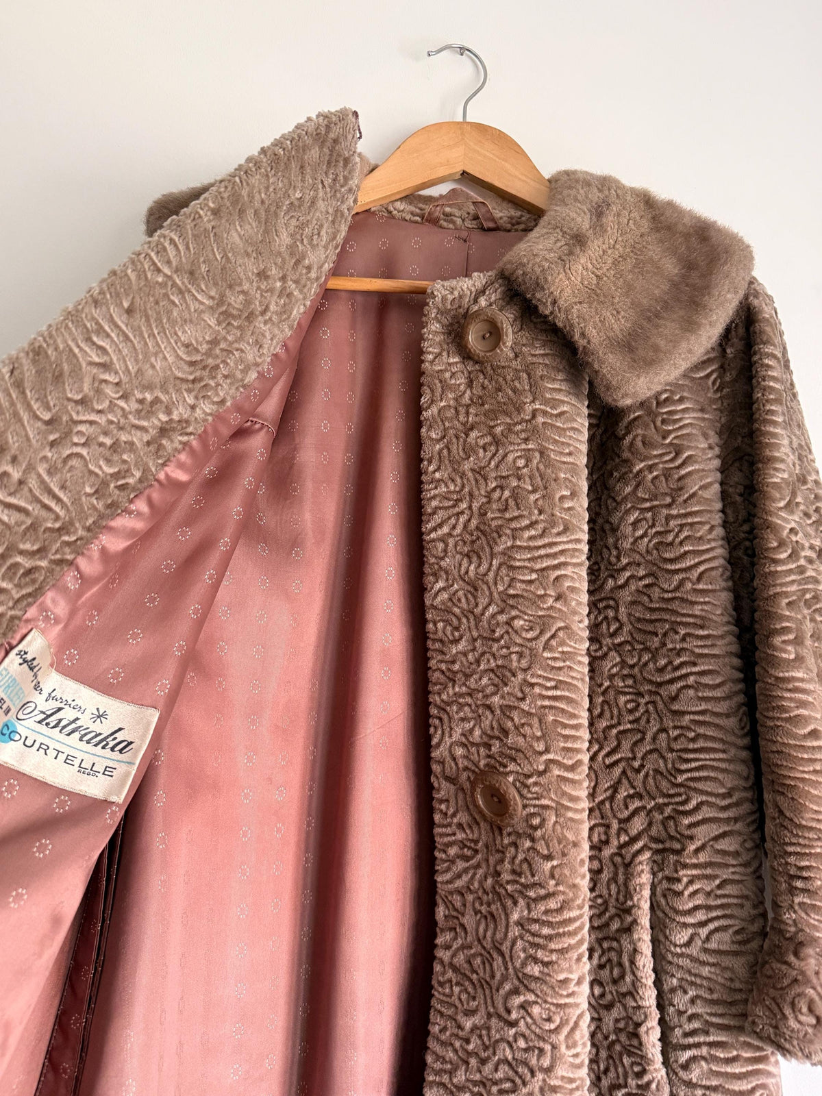 Vintage Astraka Faux Fur Coat, Taupe Courtelle, Plush Collar, Pink Lining