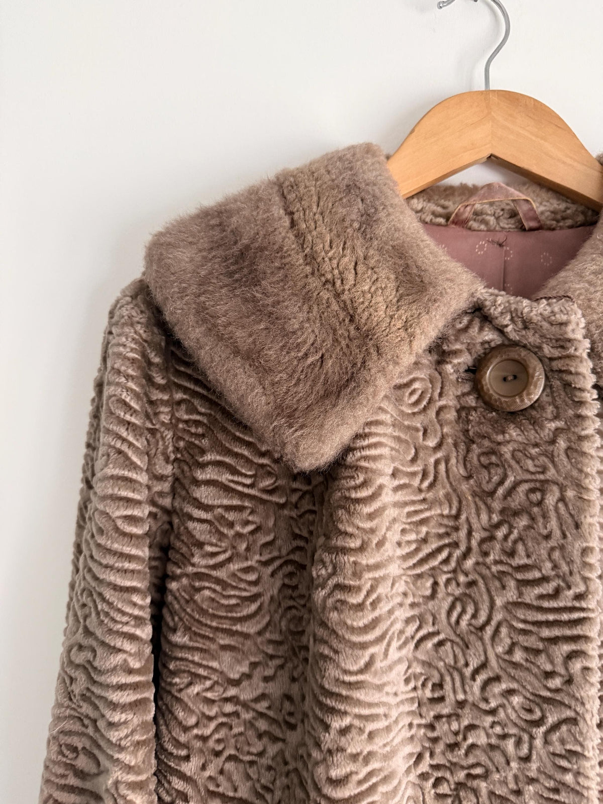 Vintage Astraka Faux Fur Coat, Taupe Courtelle, Plush Collar, Pink Lining