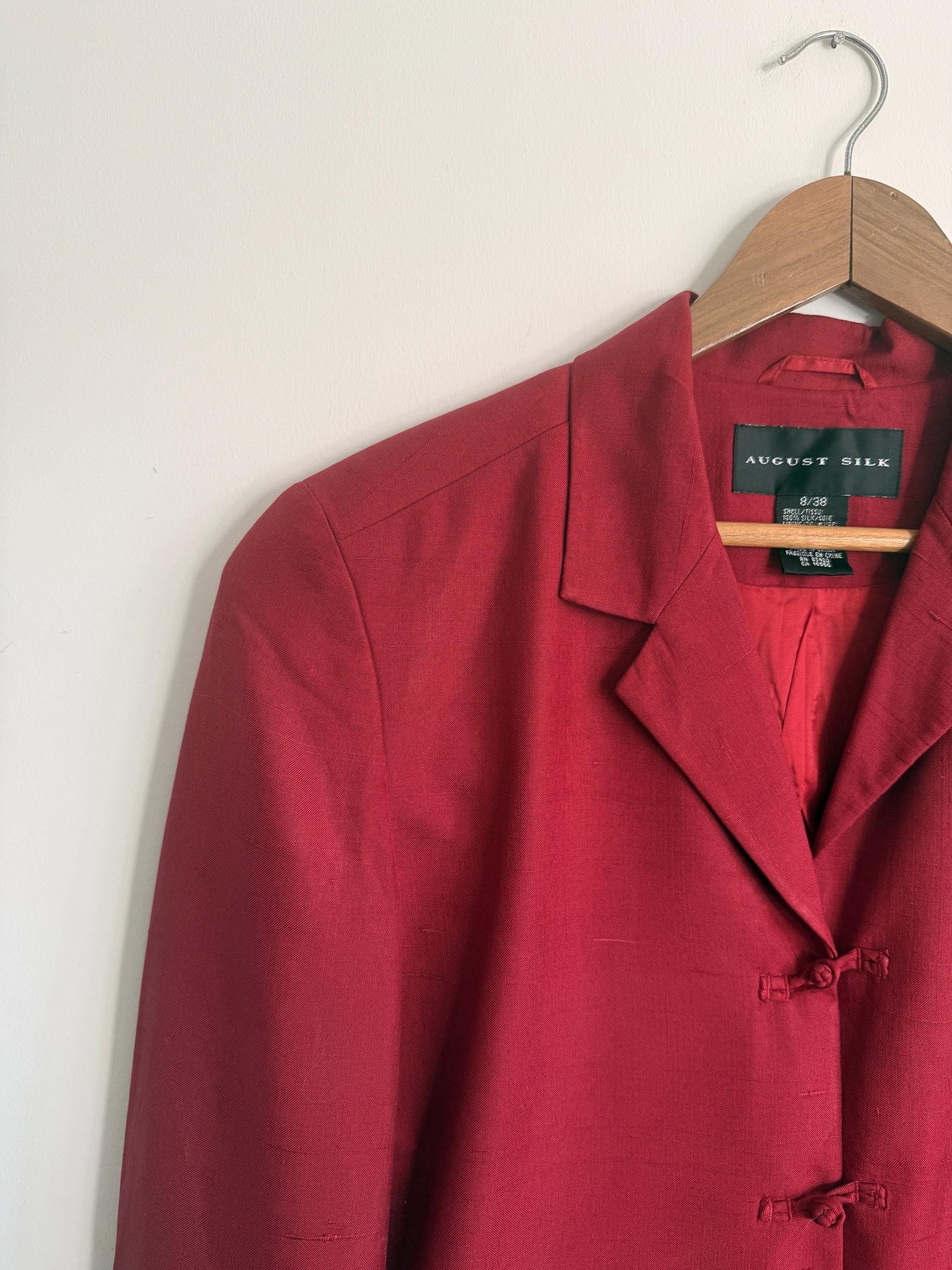Vintage August Silk 100% Silk Jacket UK 10 | Burgundy Silk Blazer | Mandarin Frog Fastening Jacket | 1990s Silk Evening Jacket