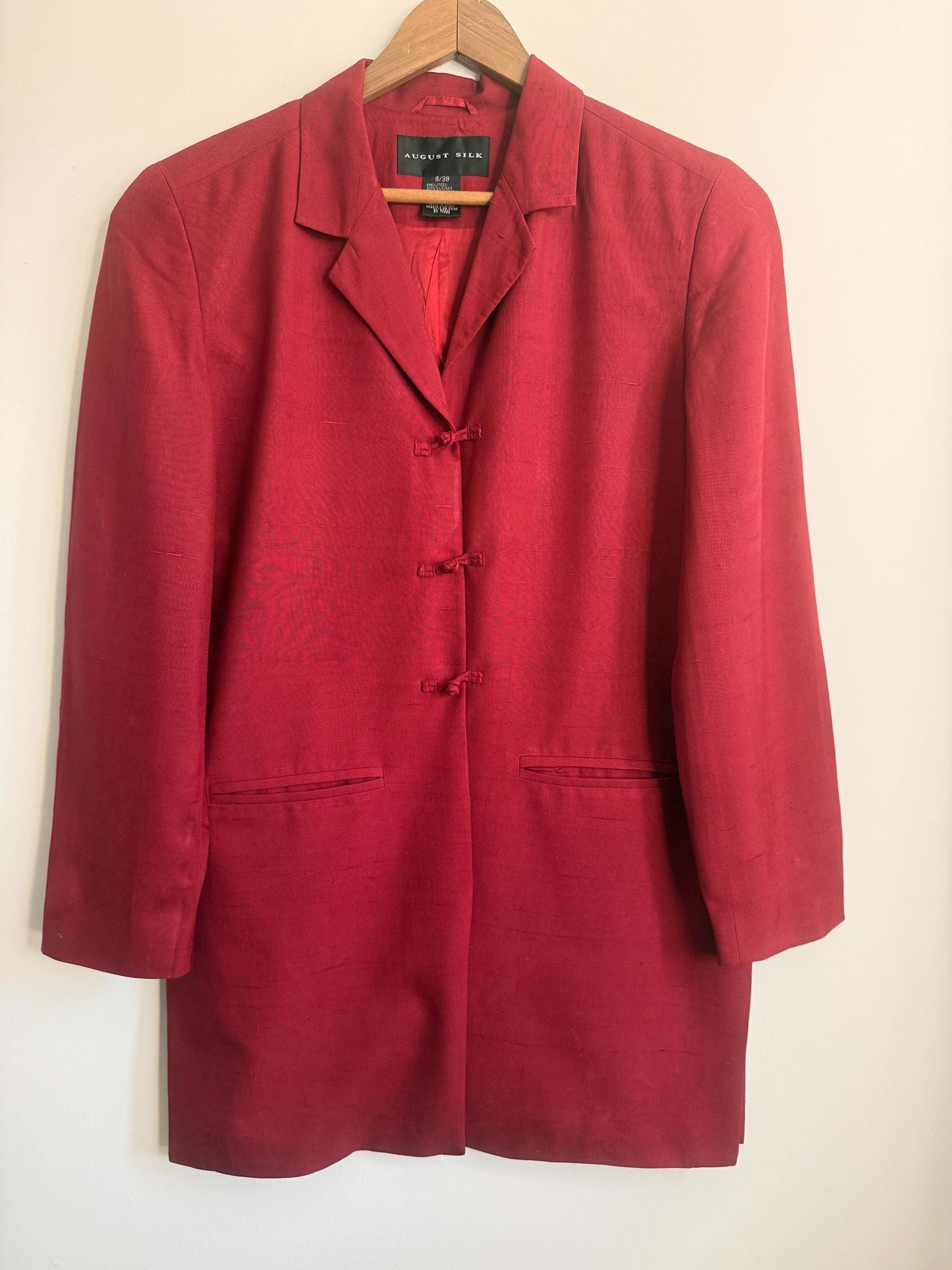 Vintage August Silk 100% Silk Jacket UK 10 | Burgundy Silk Blazer | Mandarin Frog Fastening Jacket | 1990s Silk Evening Jacket