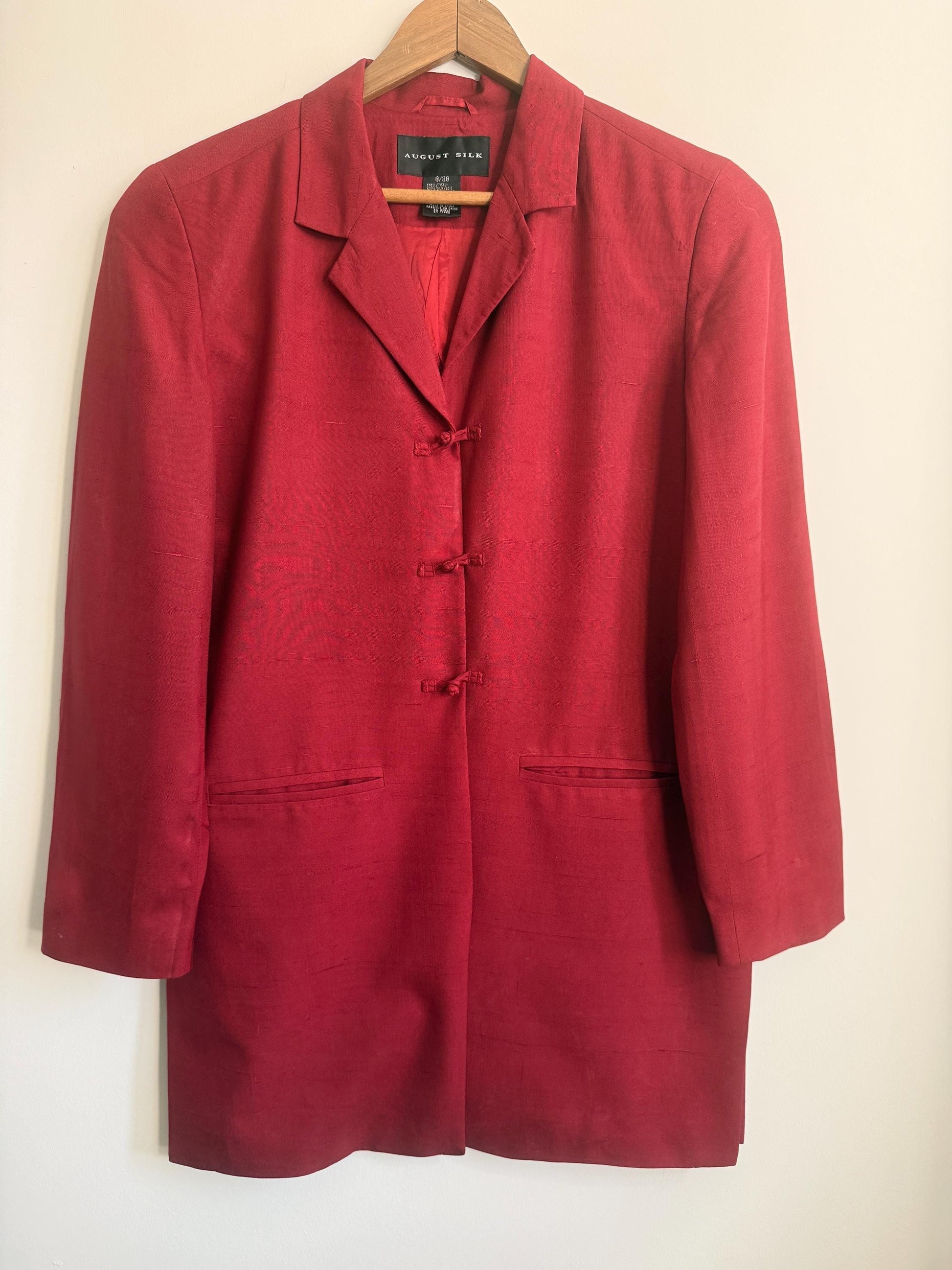 Vintage August Silk 100% Silk Jacket UK 10 | Burgundy Silk Blazer | Mandarin Frog Fastening Jacket | 1990s Silk Evening Jacket