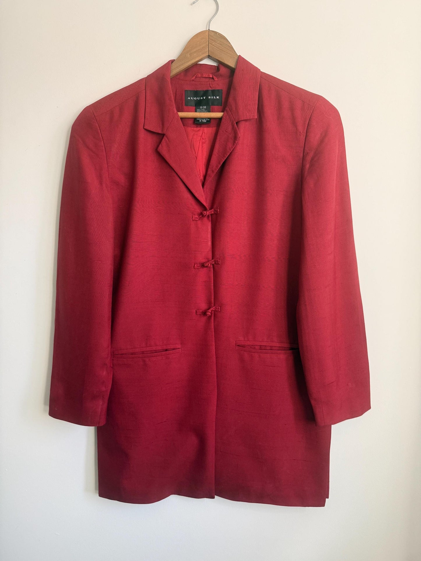 Vintage August Silk 100% Silk Jacket UK 10 | Burgundy Silk Blazer | Mandarin Frog Fastening Jacket | 1990s Silk Evening Jacket