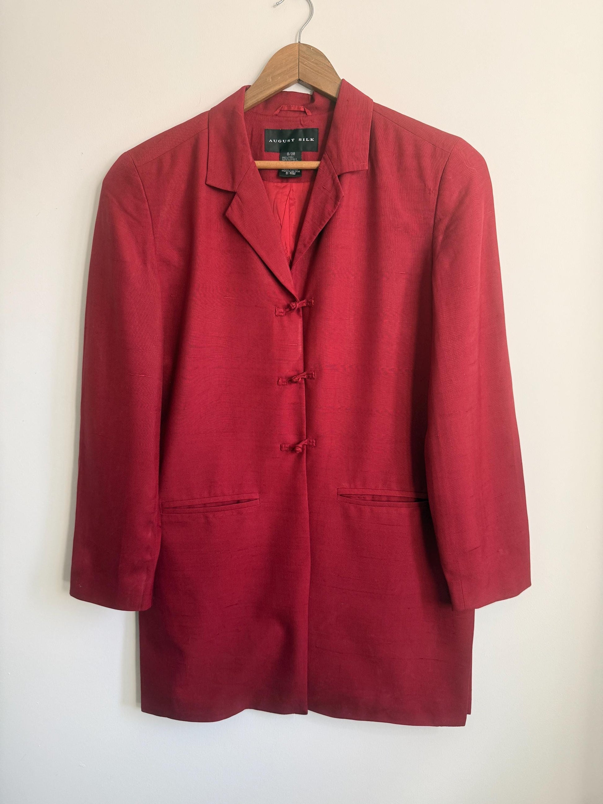 Vintage August Silk 100% Silk Jacket UK 10 | Burgundy Silk Blazer | Mandarin Frog Fastening Jacket | 1990s Silk Evening Jacket