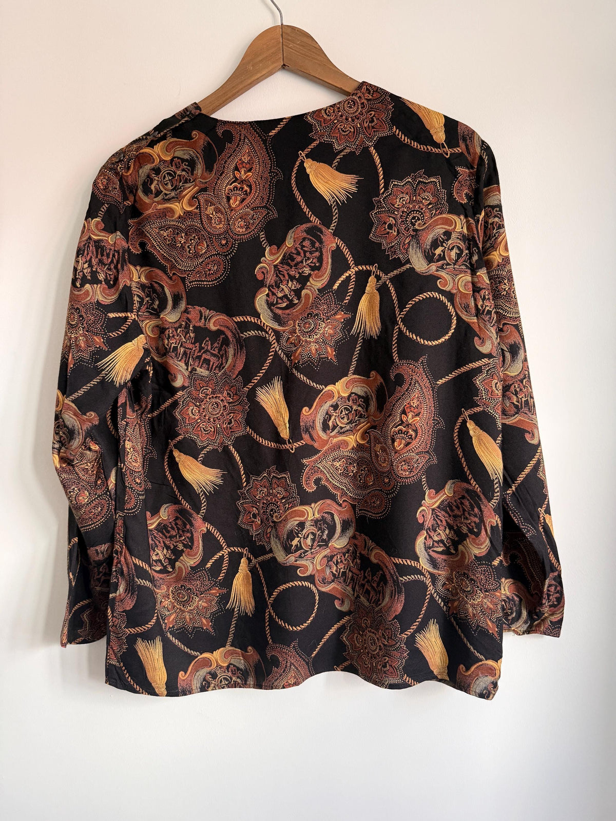Vintage Baroque Print Blouse | 90s Black Paisley Tassel Top | Equestrian Chain Print Long Sleeve Shirt | Boho Retro Blouse