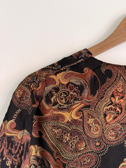 Vintage Baroque Print Blouse | 90s Black Paisley Tassel Top | Equestrian Chain Print Long Sleeve Shirt | Boho Retro Blouse