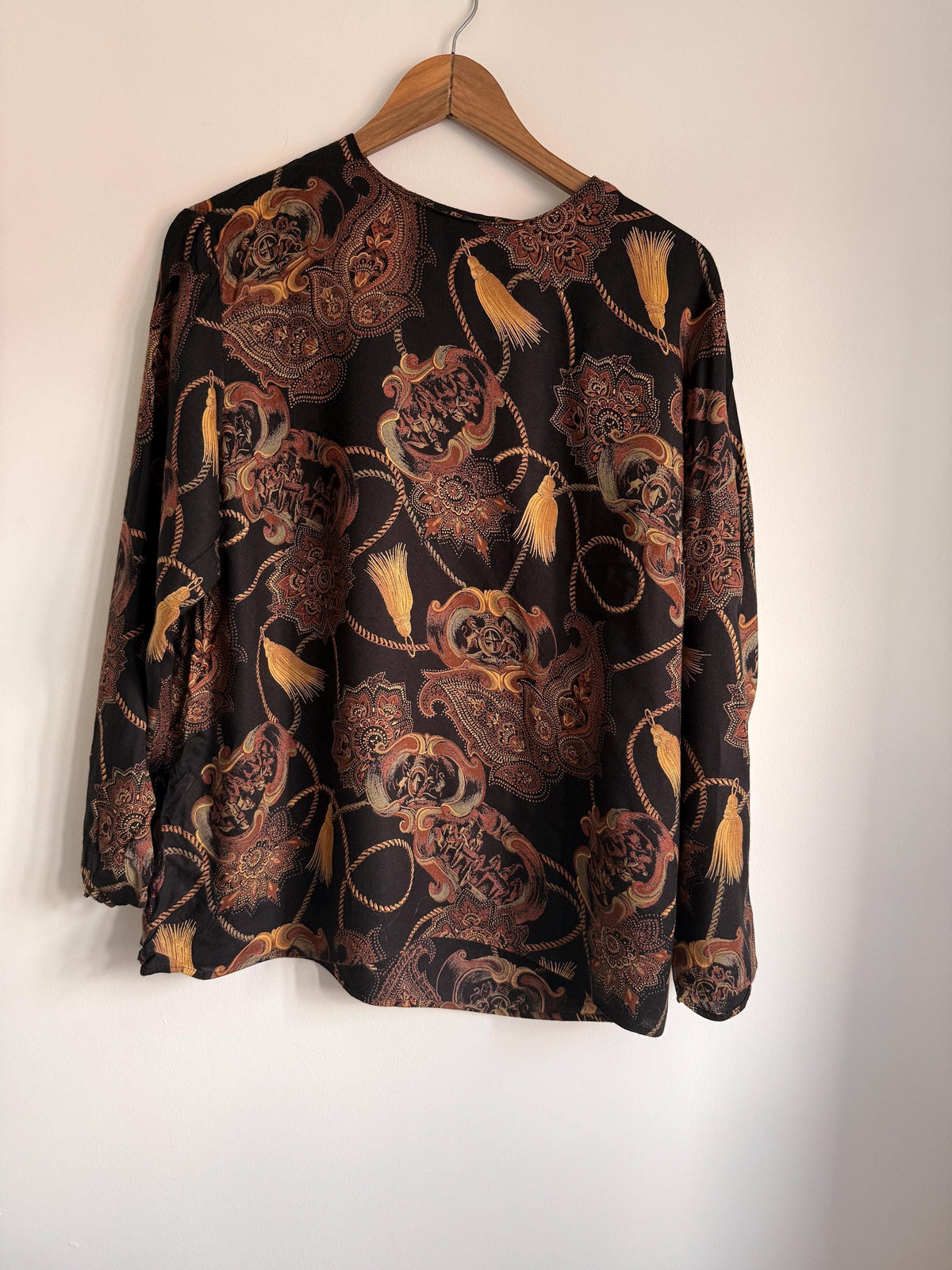 Vintage Baroque Print Blouse | 90s Black Paisley Tassel Top | Equestrian Chain Print Long Sleeve Shirt | Boho Retro Blouse