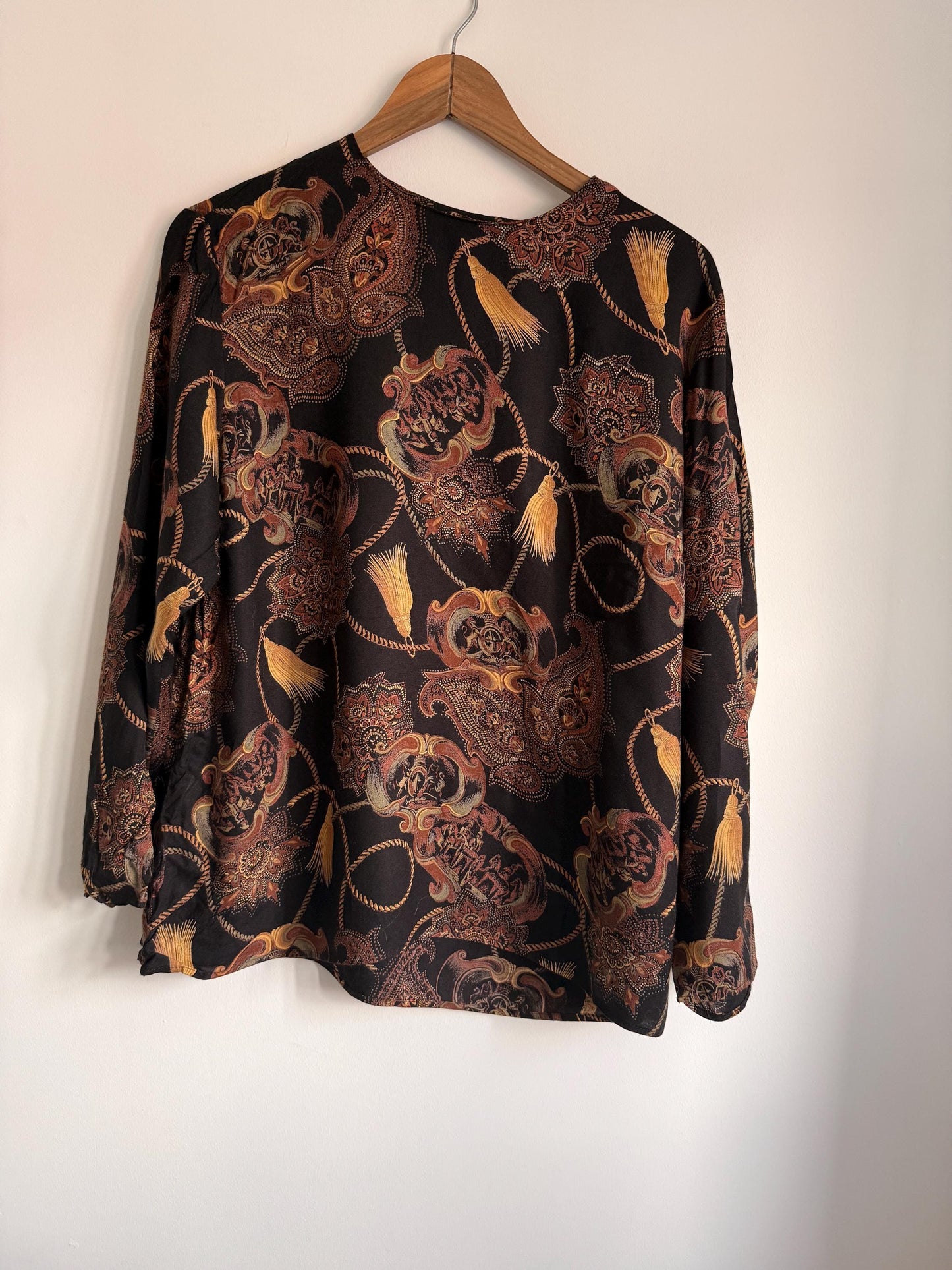 Vintage Baroque Print Blouse | 90s Black Paisley Tassel Top | Equestrian Chain Print Long Sleeve Shirt | Boho Retro Blouse