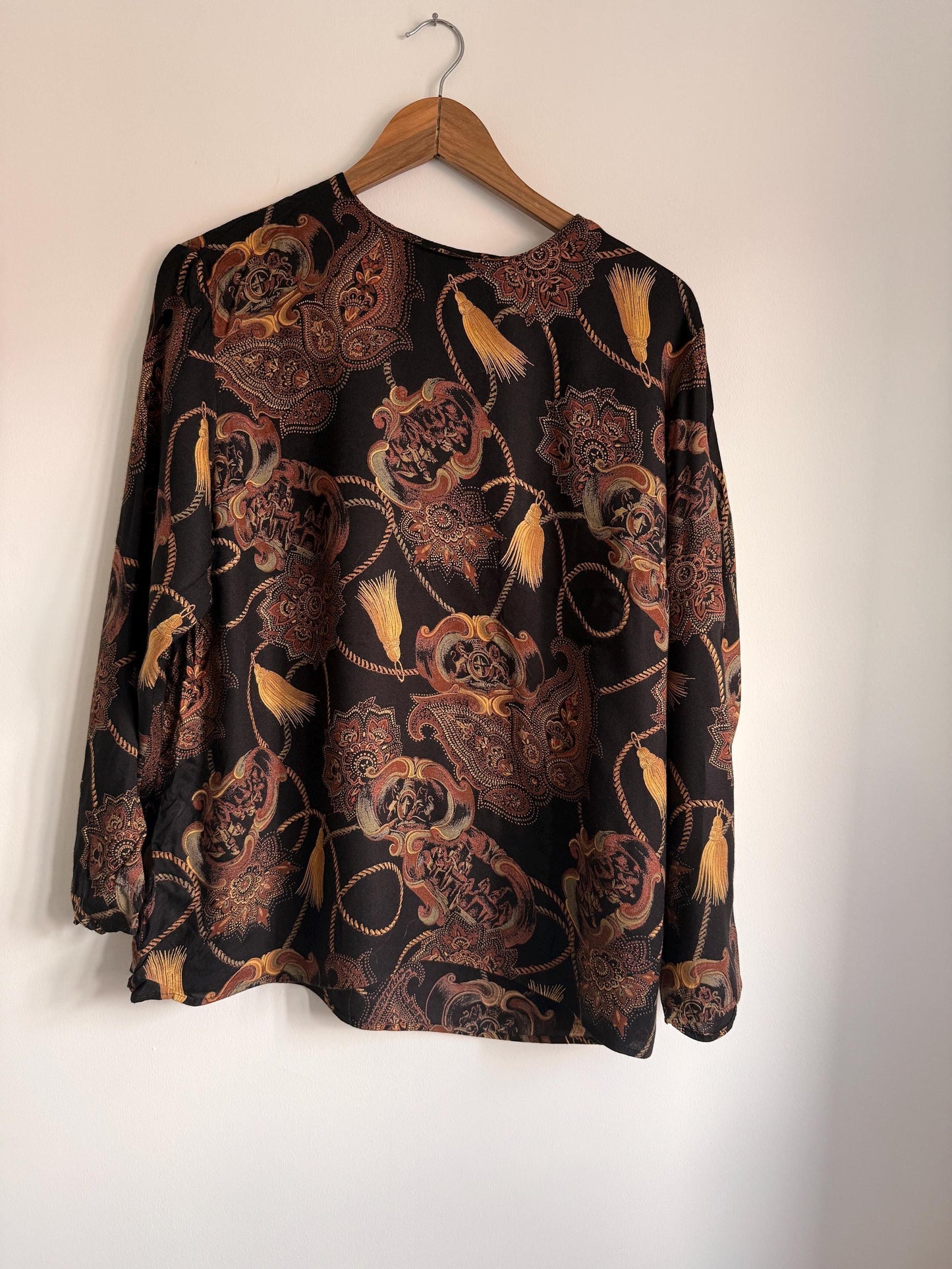 Vintage Baroque Print Blouse | 90s Black Paisley Tassel Top | Equestrian Chain Print Long Sleeve Shirt | Boho Retro Blouse