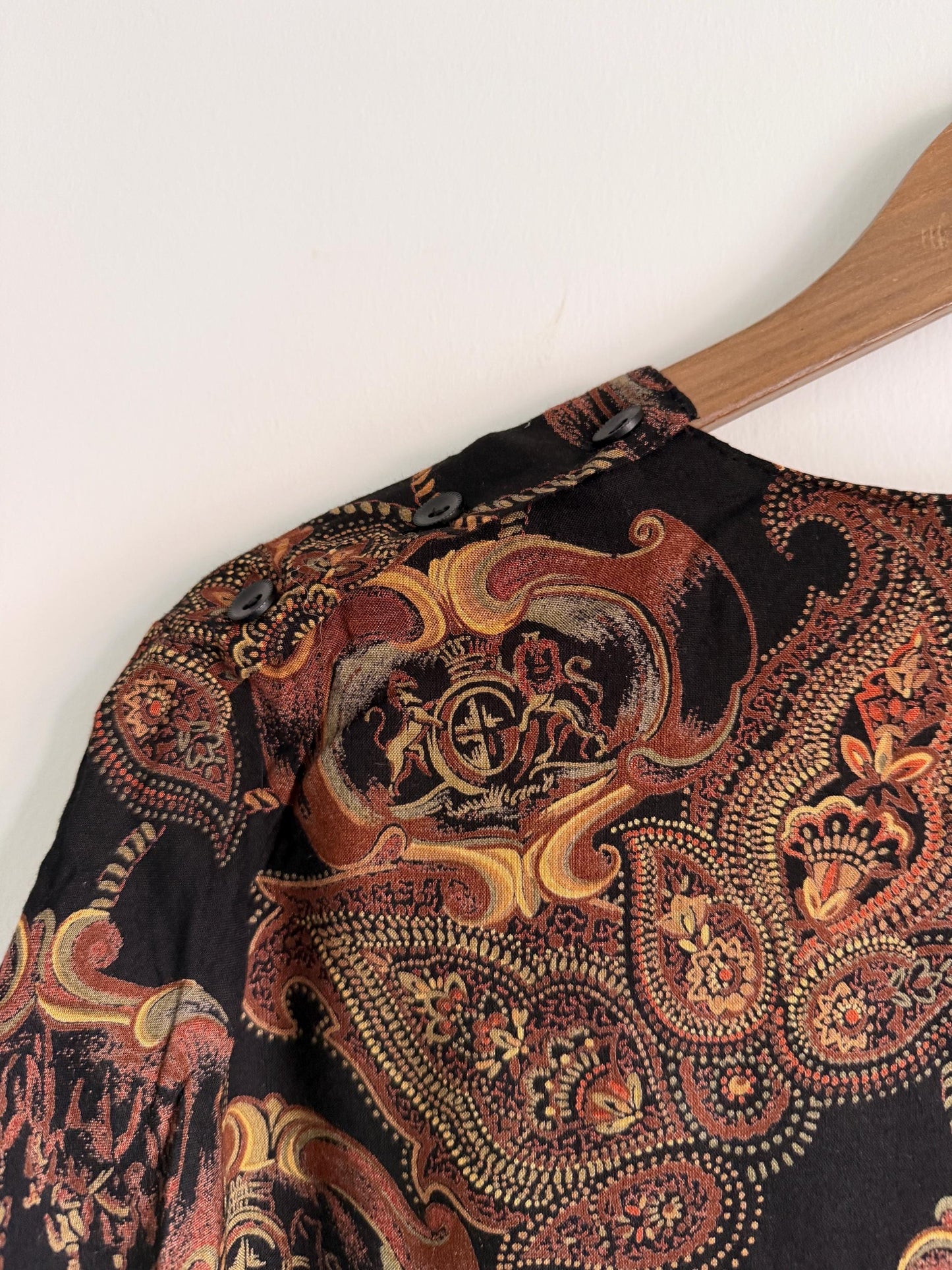 Vintage Baroque Print Blouse | 90s Black Paisley Tassel Top | Equestrian Chain Print Long Sleeve Shirt | Boho Retro Blouse