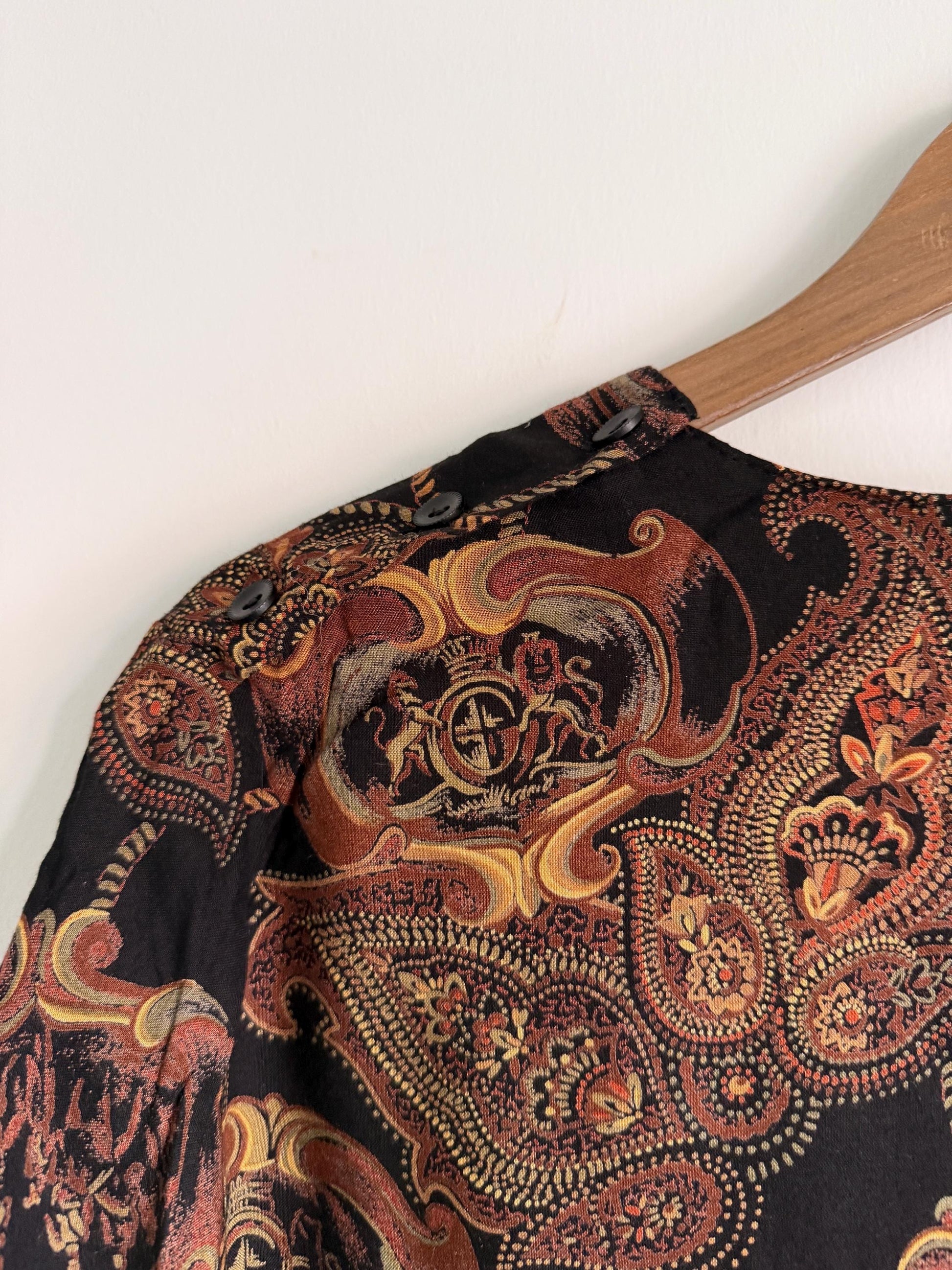 Vintage Baroque Print Blouse | 90s Black Paisley Tassel Top | Equestrian Chain Print Long Sleeve Shirt | Boho Retro Blouse