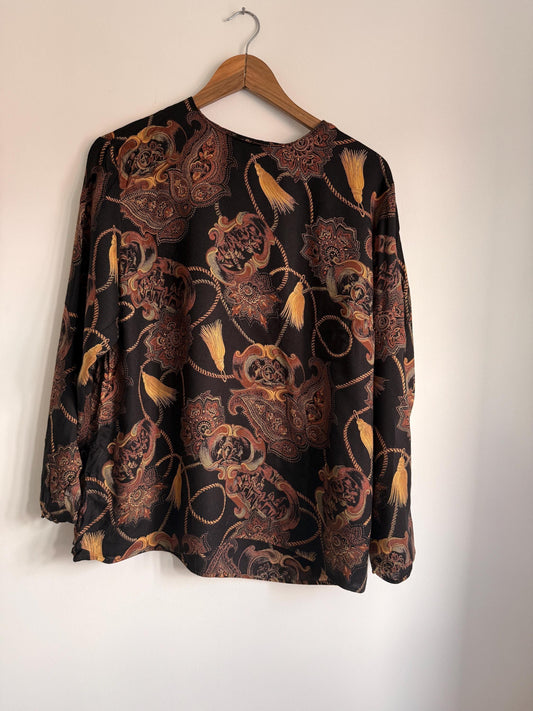 Vintage Baroque Print Blouse | 90s Black Paisley Tassel Top | Equestrian Chain Print Long Sleeve Shirt | Boho Retro Blouse
