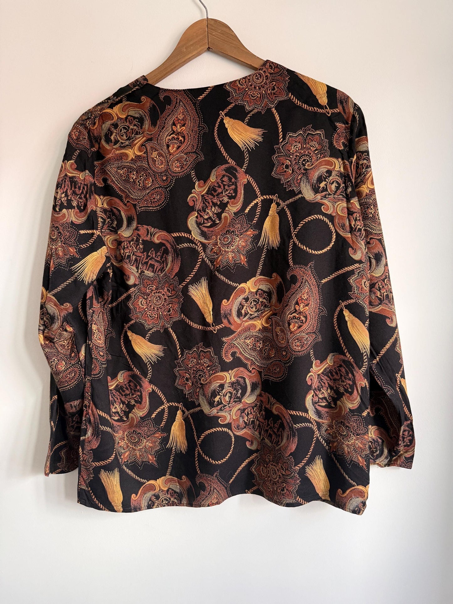 Vintage Baroque Print Blouse | 90s Black Paisley Tassel Top | Equestrian Chain Print Long Sleeve Shirt | Boho Retro Blouse