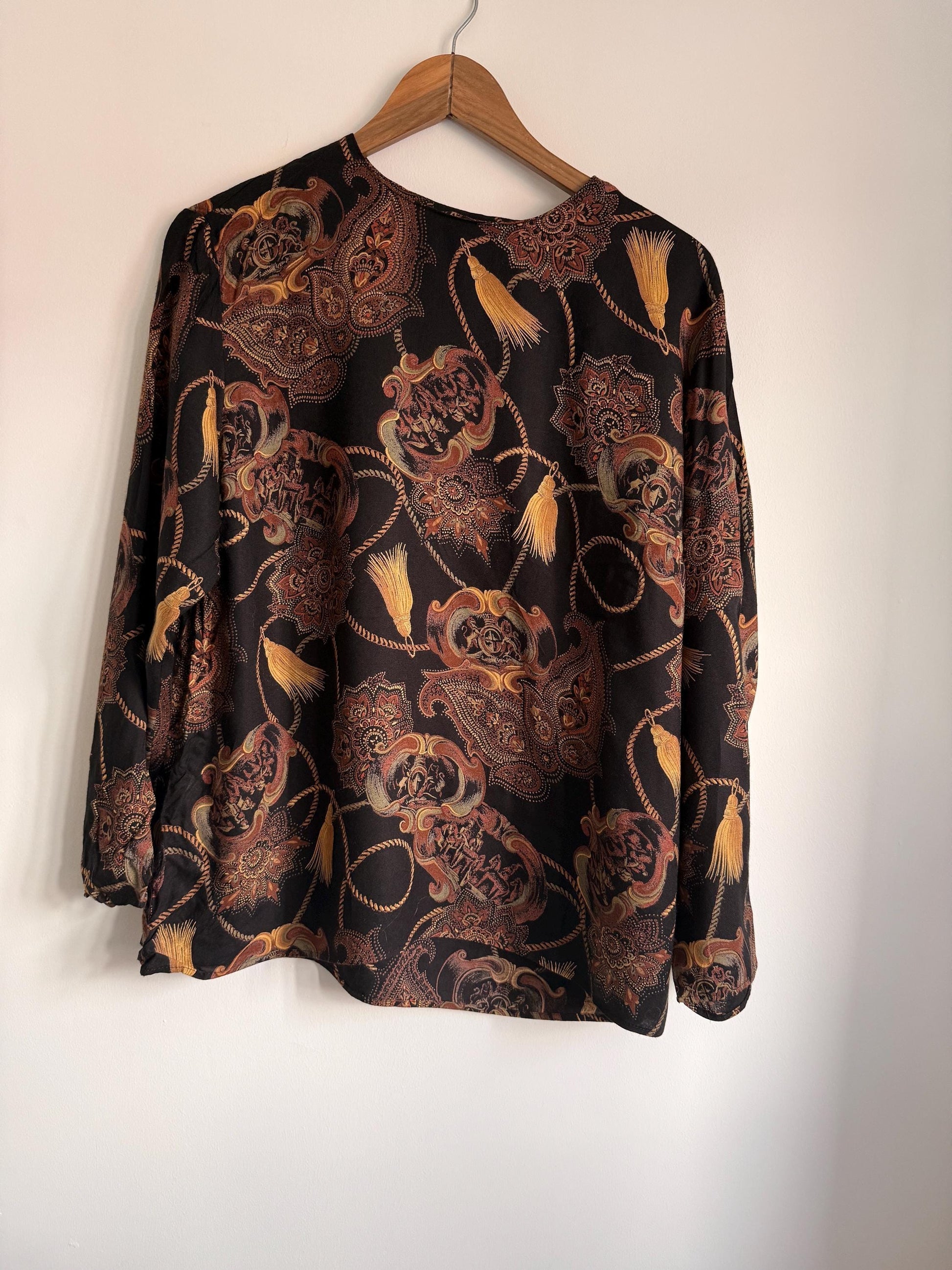 Vintage Baroque Print Blouse | 90s Black Paisley Tassel Top | Equestrian Chain Print Long Sleeve Shirt | Boho Retro Blouse
