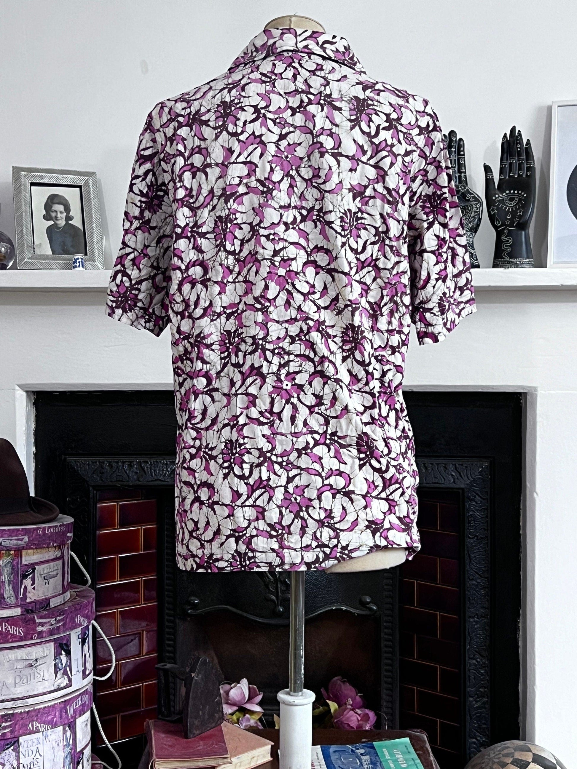 Vintage Batik Blouse a pink Brown patterned vintage blouse batik button through shirt, vintage blouse, batik blouse