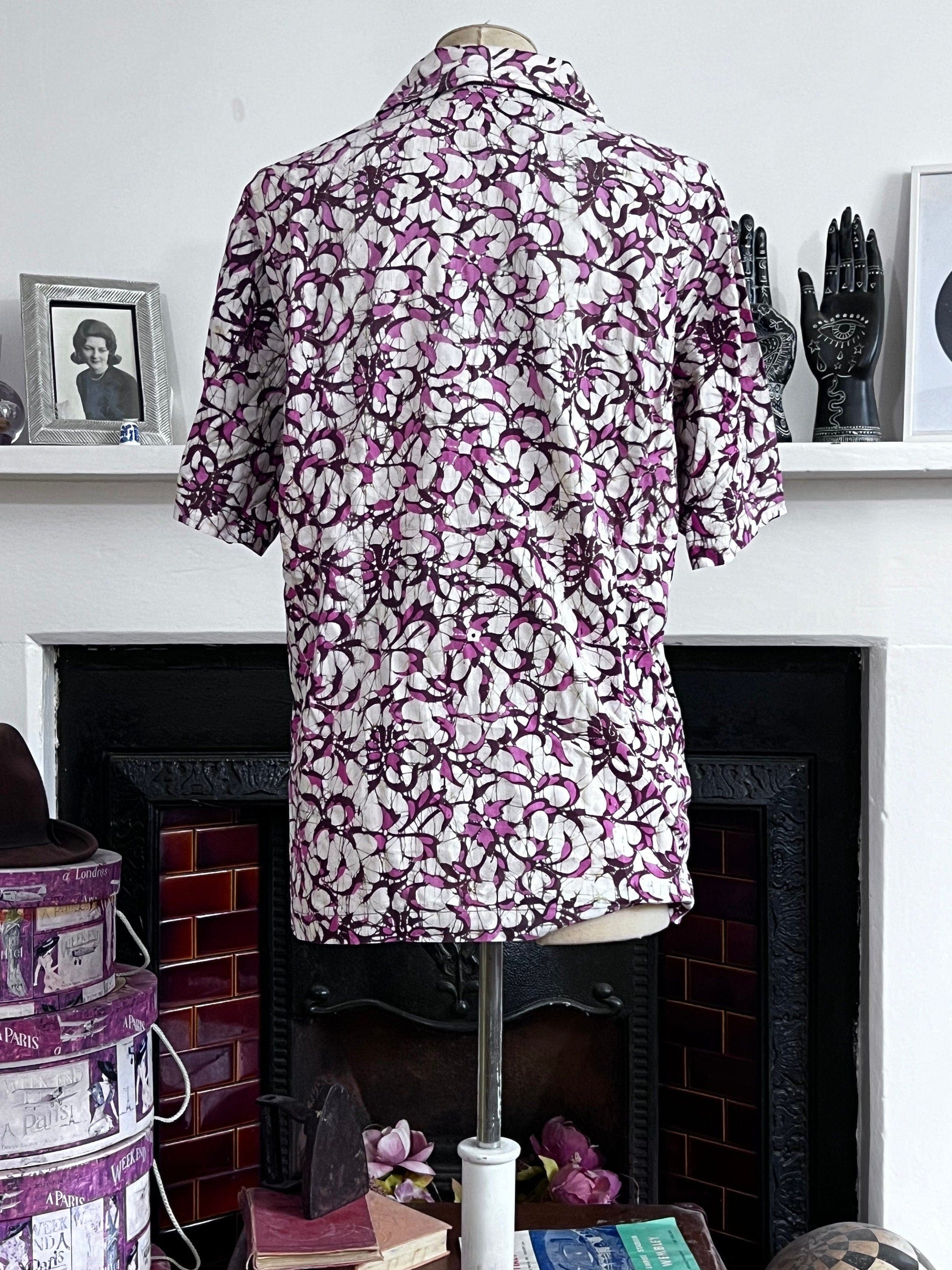 Vintage Batik Blouse a pink Brown patterned vintage blouse batik button through shirt, vintage blouse, batik blouse