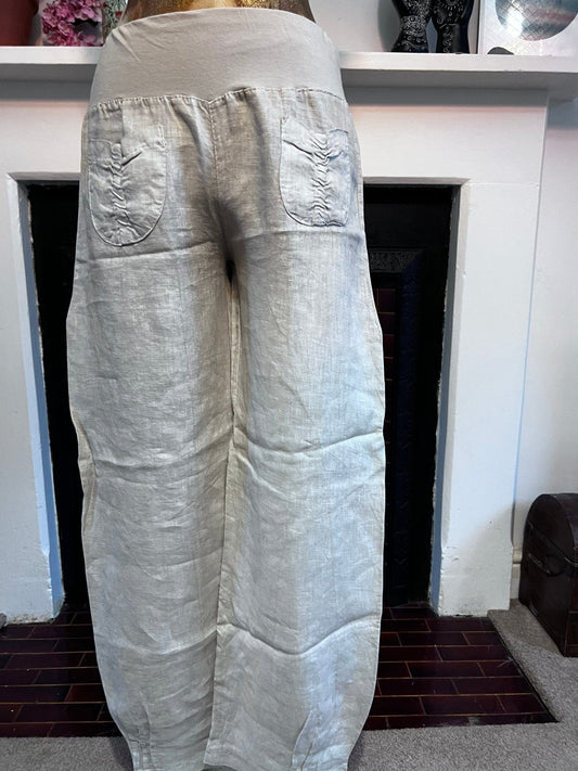 90s Vintage Beige Linen Trousers Pocket Front Cropped Trousers - Medium Lightweight Beige Trousers