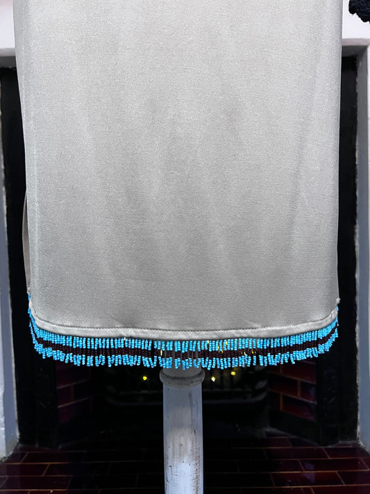Vintage Beige Turquoise Beaded Mid Length Stretch Skirt Hennes - Turquoise Beaded Hem