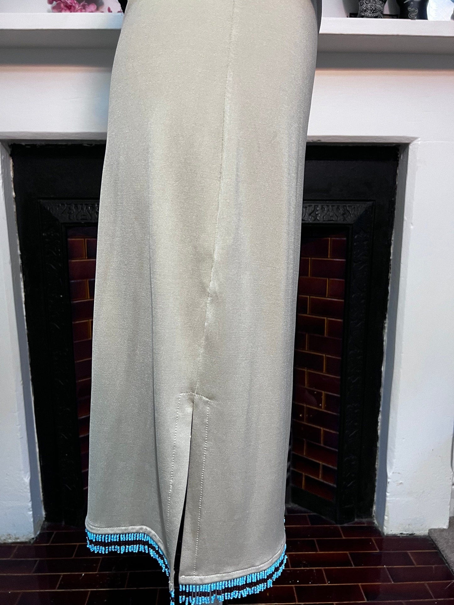 Vintage Beige Turquoise Beaded Mid Length Stretch Skirt Hennes - Turquoise Beaded Hem