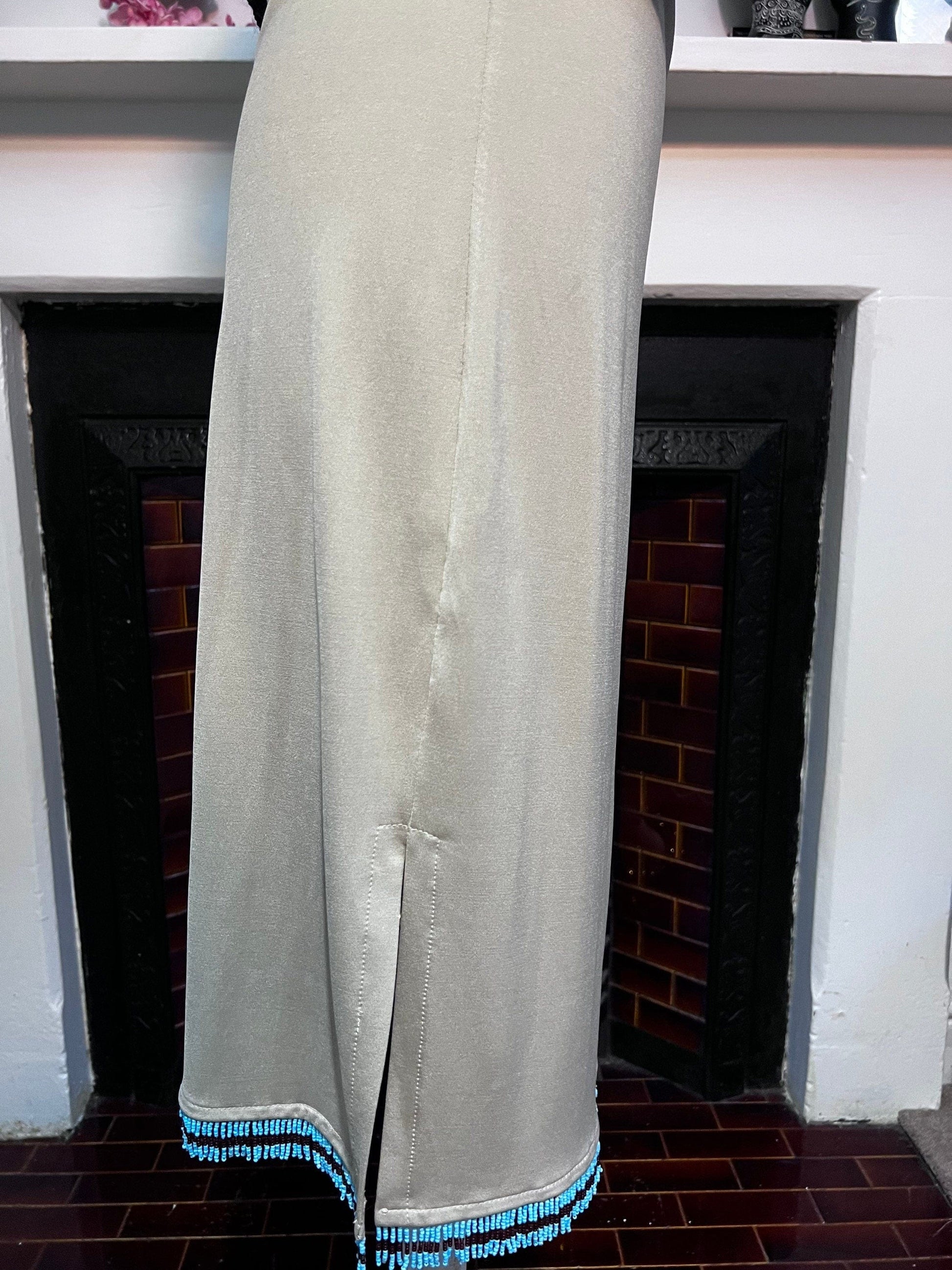 Vintage Beige Turquoise Beaded Mid Length Stretch Skirt Hennes - Turquoise Beaded Hem