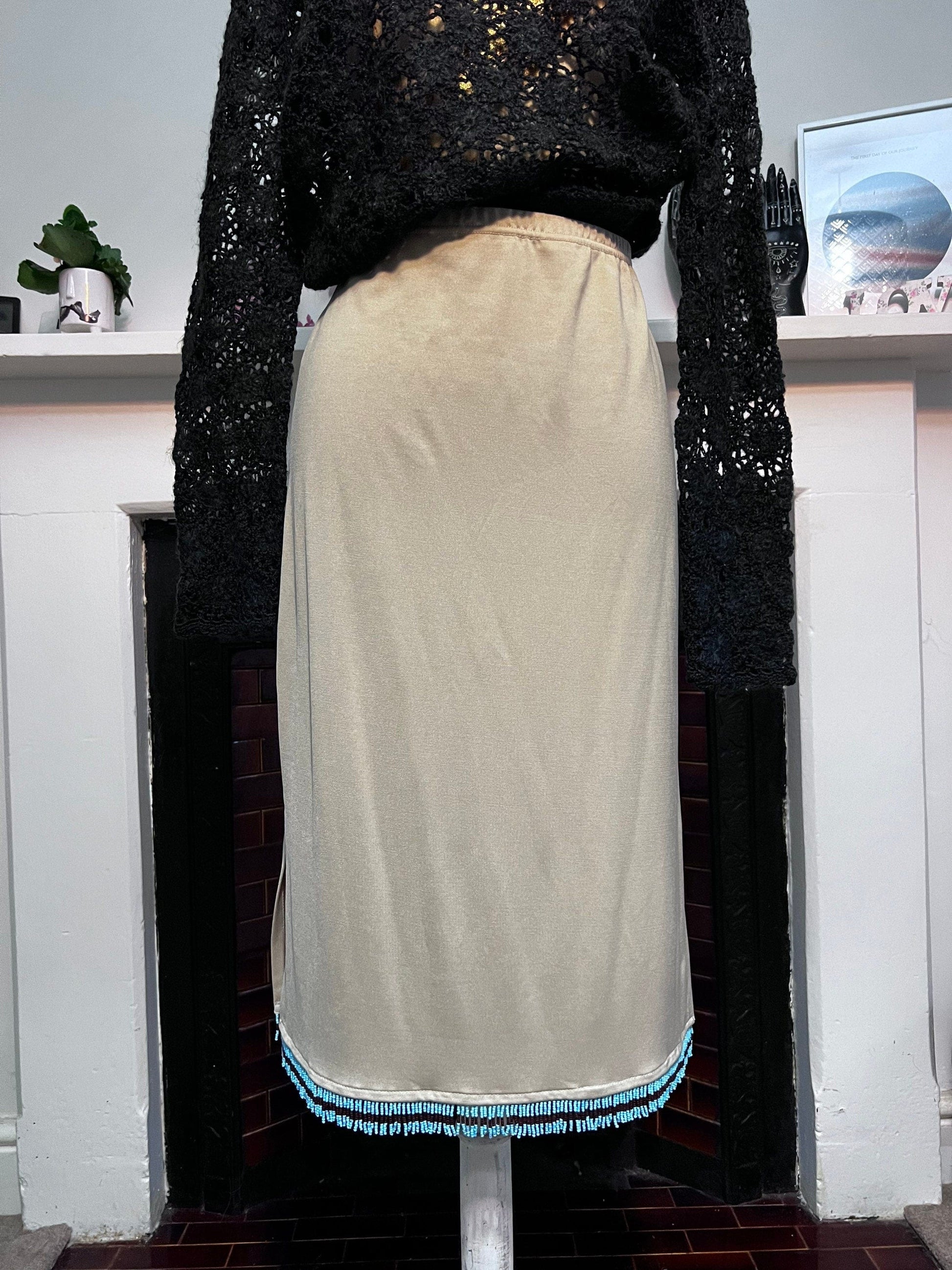 Vintage Beige Turquoise Beaded Mid Length Stretch Skirt Hennes - Turquoise Beaded Hem