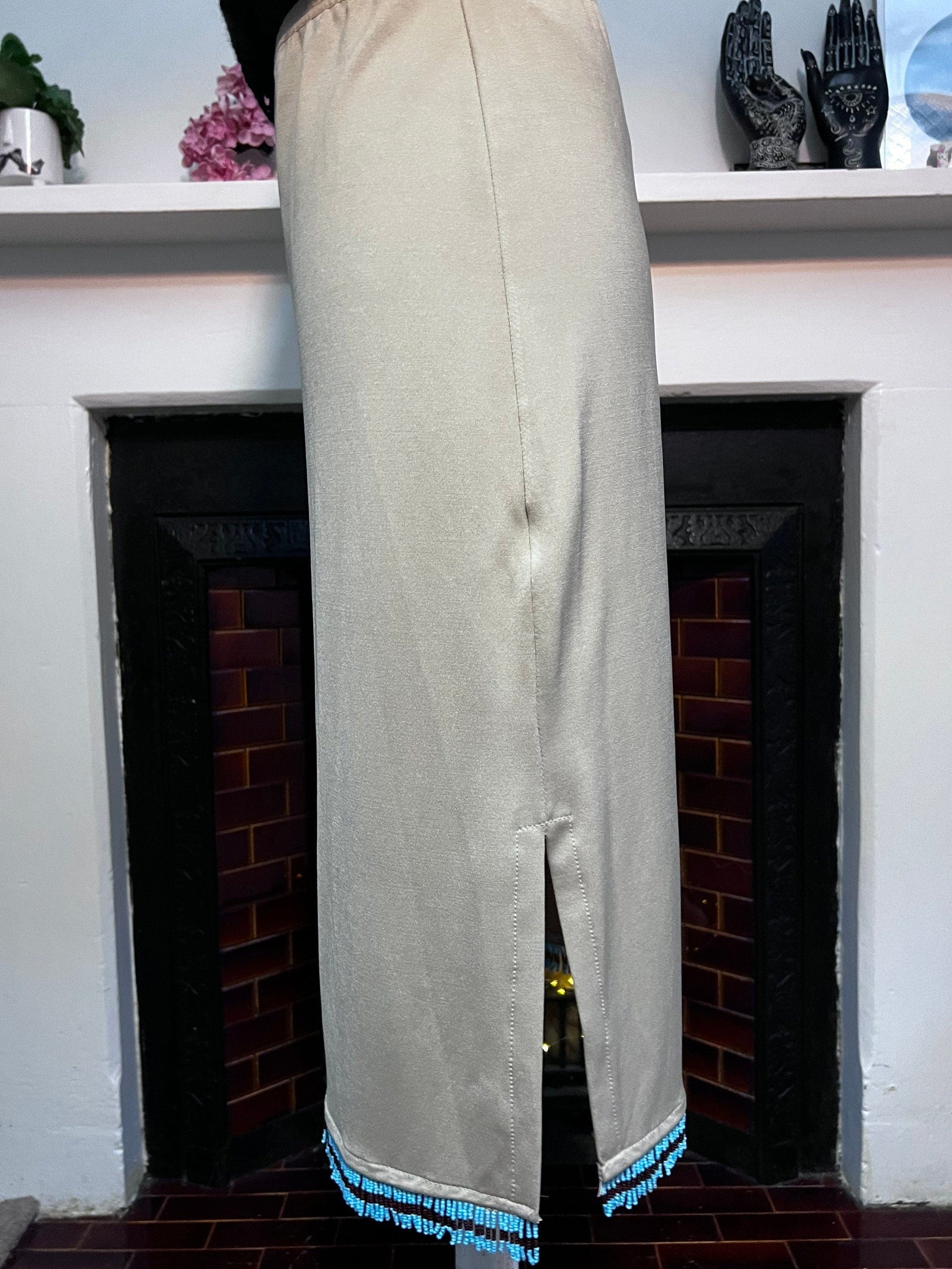 Vintage Beige Turquoise Beaded Mid Length Stretch Skirt Hennes - Turquoise Beaded Hem