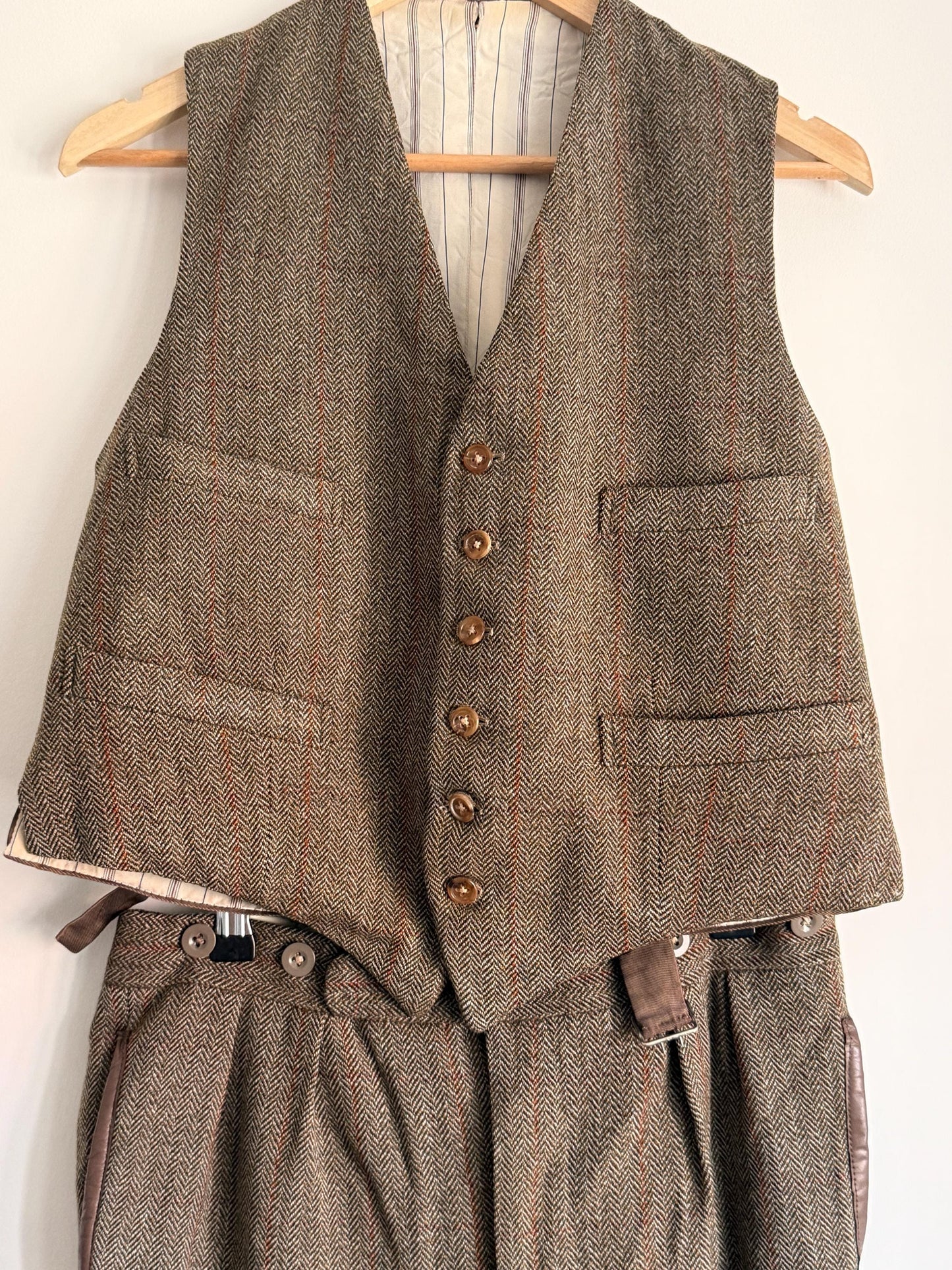 Vintage Bespoke Men's Tweed Two-Piece Style Suit Todhouse Reynard Norwich Tailored Herringbone Tweed Waistcoat & Trousers Country Gentleman