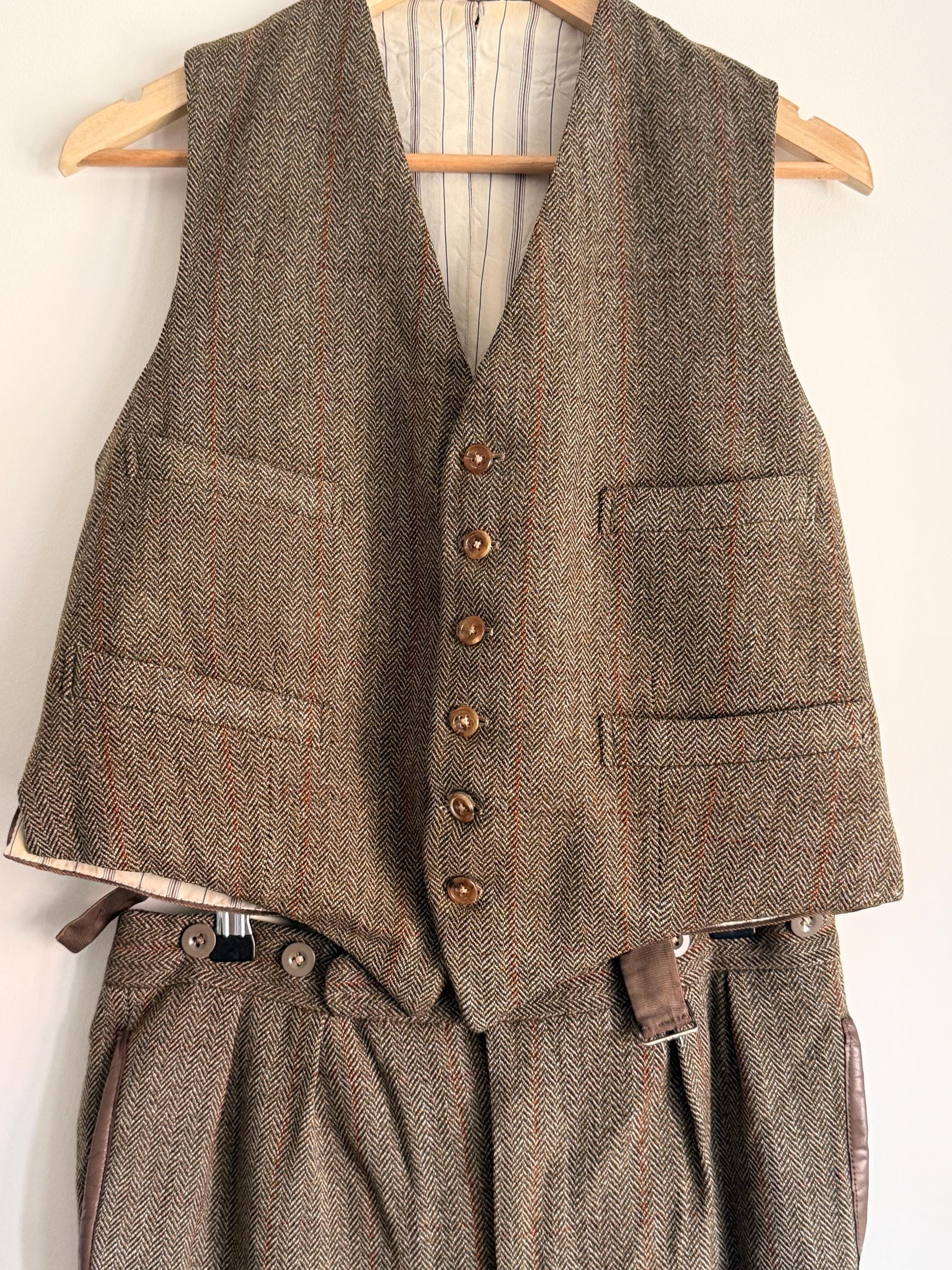 Vintage Bespoke Men's Tweed Two-Piece Style Suit Todhouse Reynard Norwich Tailored Herringbone Tweed Waistcoat & Trousers Country Gentleman