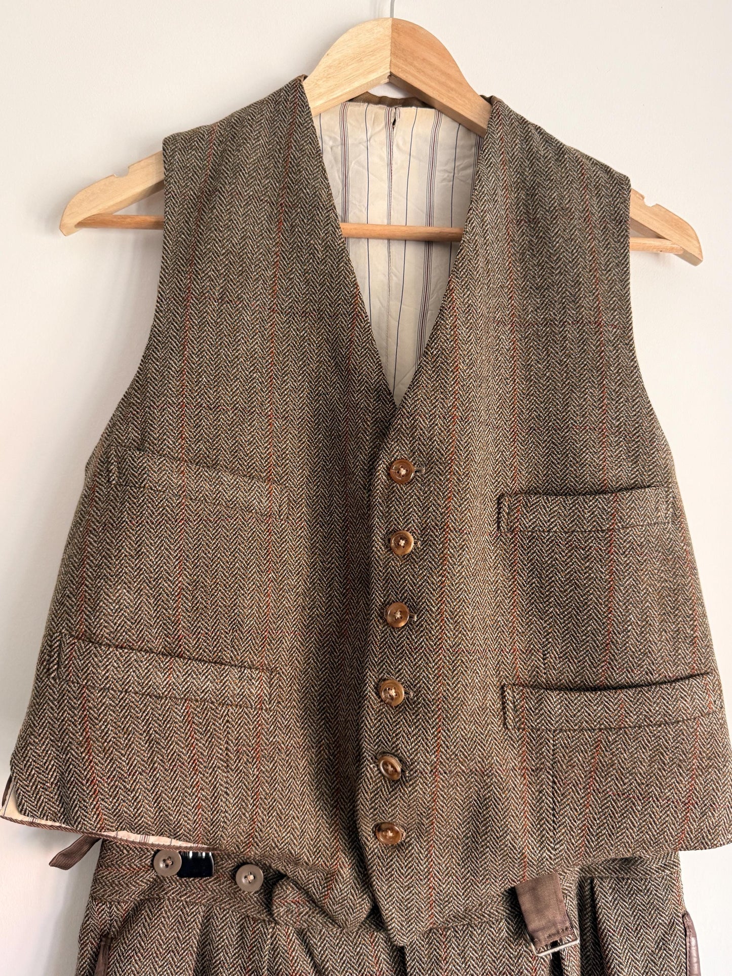 Vintage Bespoke Men's Tweed Two-Piece Style Suit Todhouse Reynard Norwich Tailored Herringbone Tweed Waistcoat & Trousers Country Gentleman