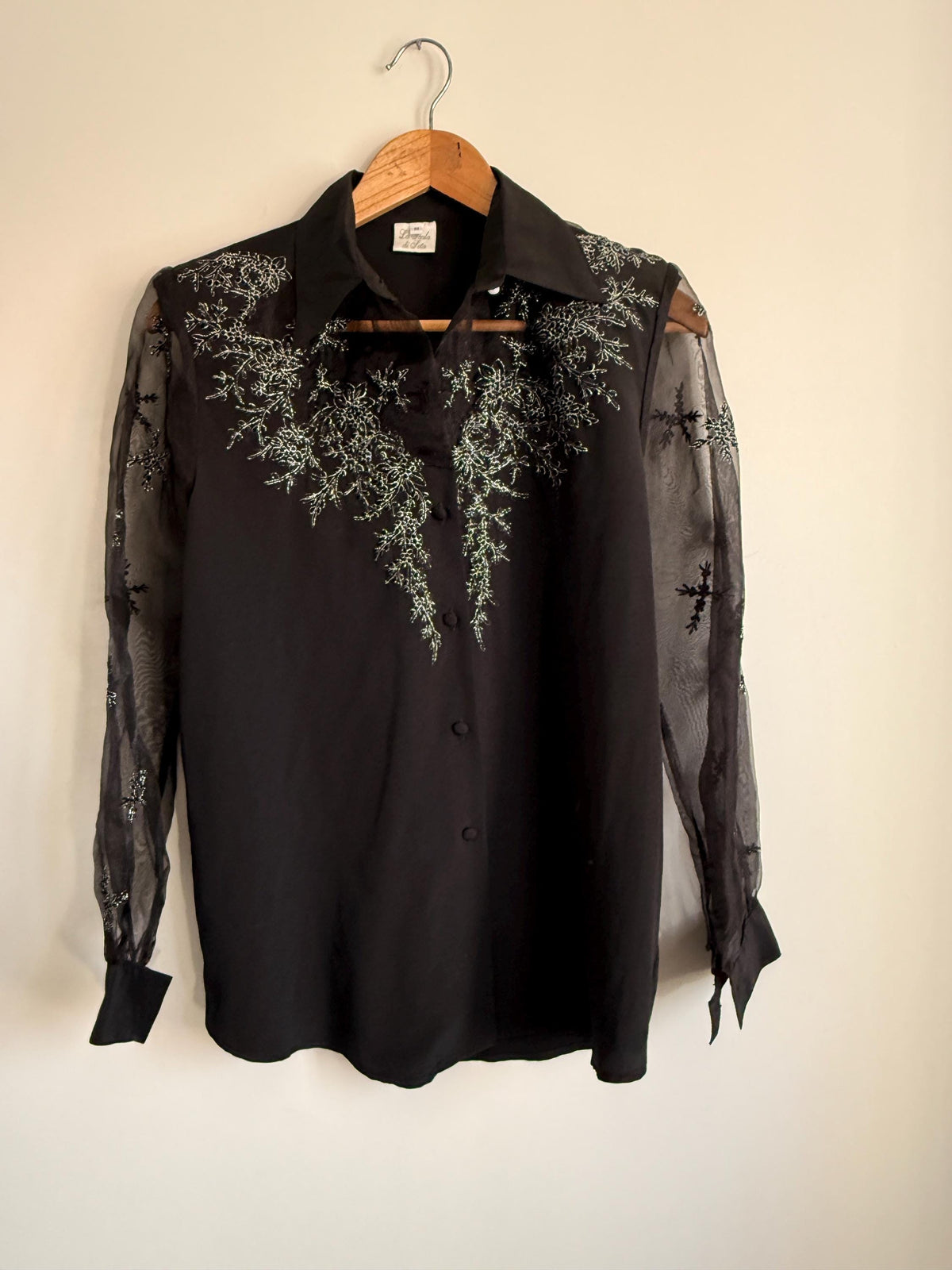 Vintage Black Beaded Blouse | Sheer Embroidered Sleeve Top | Evening Blouse | 90s Party Shirt | Elegant Vintage Occasion Top