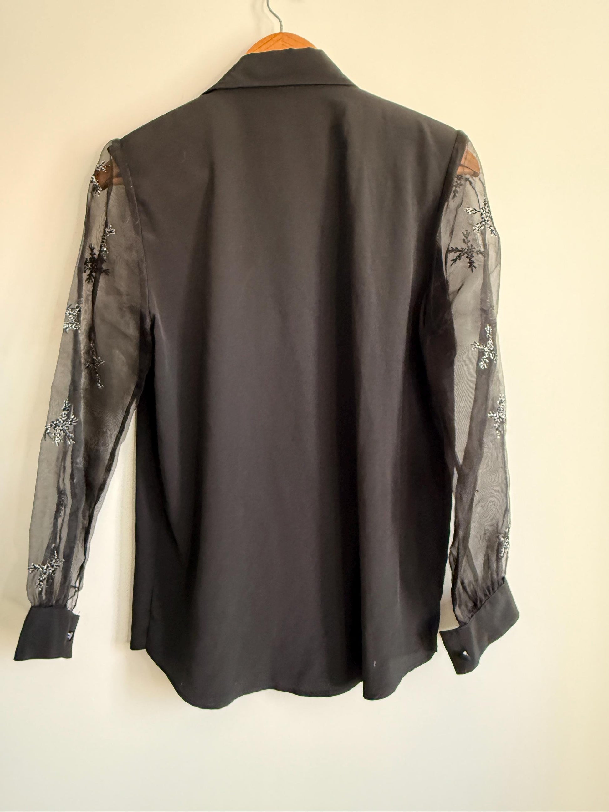 Vintage Black Beaded Blouse | Sheer Embroidered Sleeve Top | Evening Blouse | 90s Party Shirt | Elegant Vintage Occasion Top