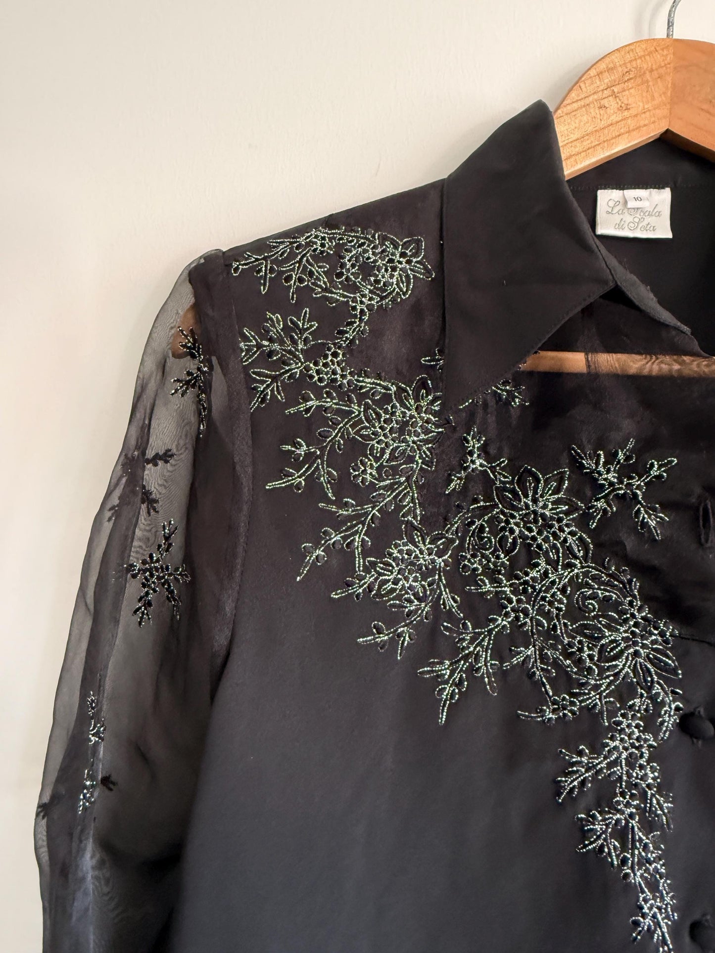 Vintage Black Beaded Blouse | Sheer Embroidered Sleeve Top | Evening Blouse | 90s Party Shirt | Elegant Vintage Occasion Top