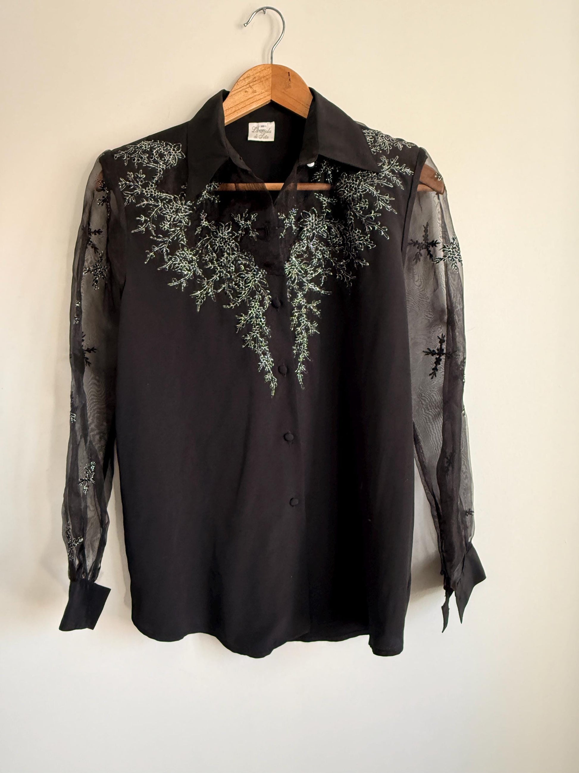 Vintage Black Beaded Blouse | Sheer Embroidered Sleeve Top | Evening Blouse | 90s Party Shirt | Elegant Vintage Occasion Top