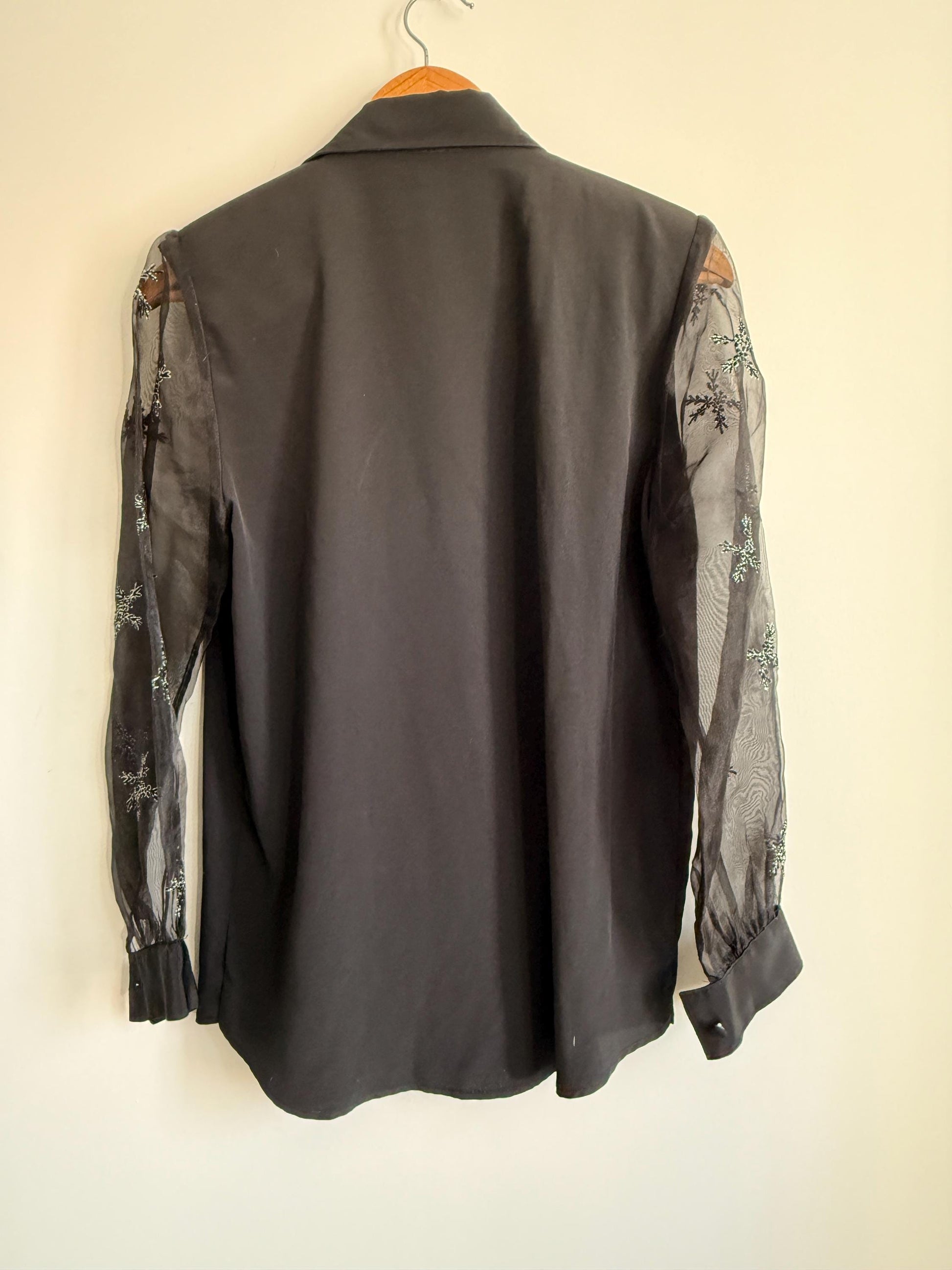 Vintage Black Beaded Blouse | Sheer Embroidered Sleeve Top | Evening Blouse | 90s Party Shirt | Elegant Vintage Occasion Top