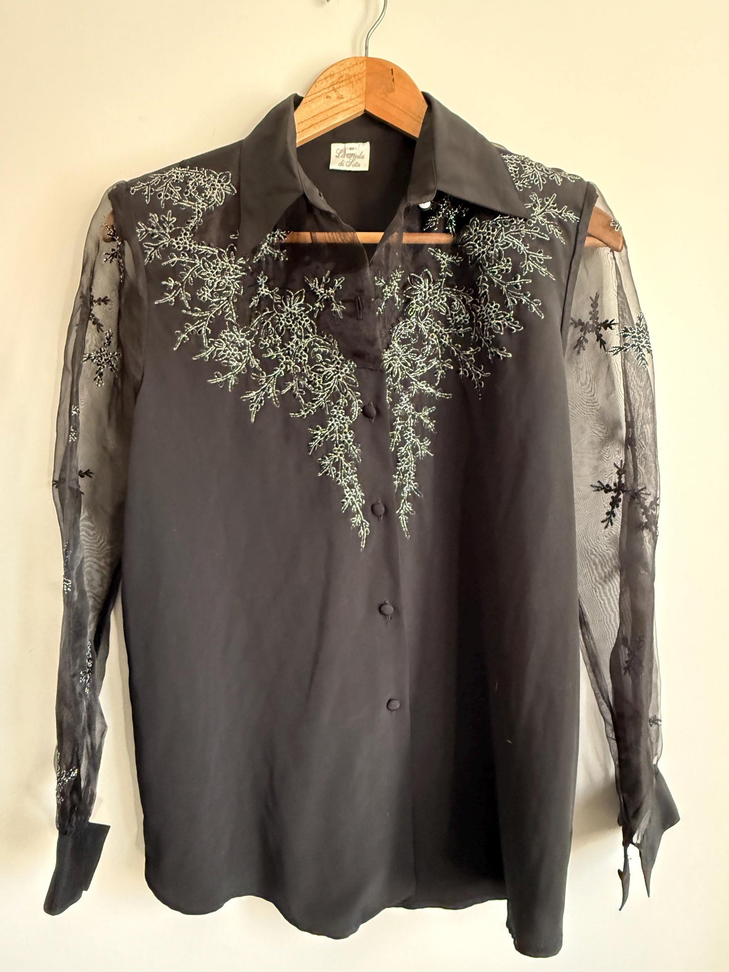 Vintage Black Beaded Blouse | Sheer Embroidered Sleeve Top | Evening Blouse | 90s Party Shirt | Elegant Vintage Occasion Top