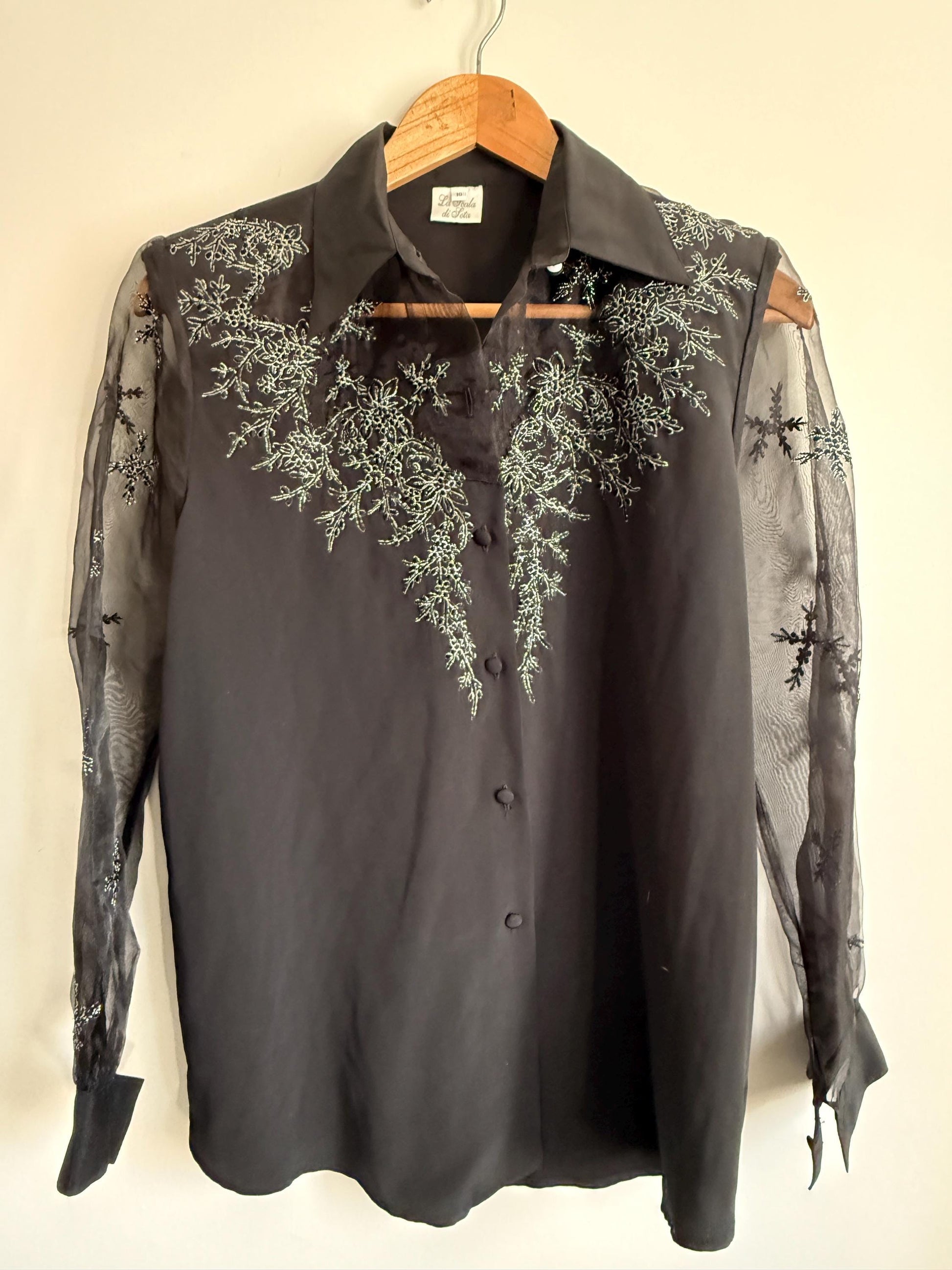 Vintage Black Beaded Blouse | Sheer Embroidered Sleeve Top | Evening Blouse | 90s Party Shirt | Elegant Vintage Occasion Top