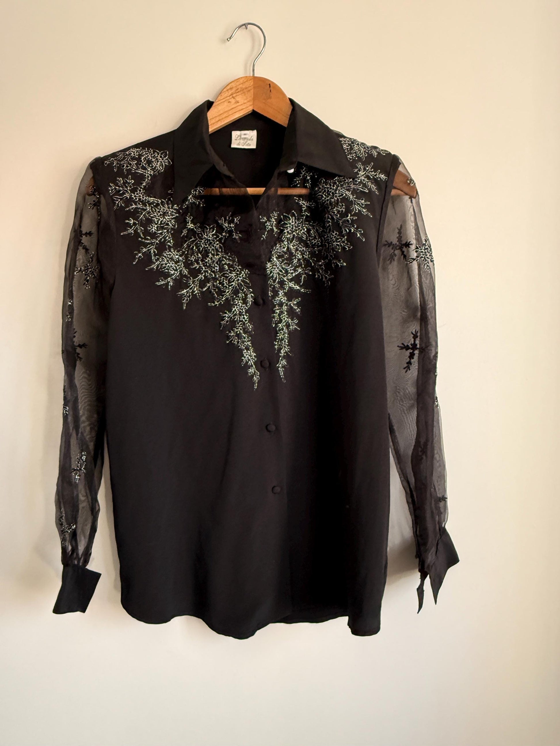 Vintage Black Beaded Blouse | Sheer Embroidered Sleeve Top | Evening Blouse | 90s Party Shirt | Elegant Vintage Occasion Top