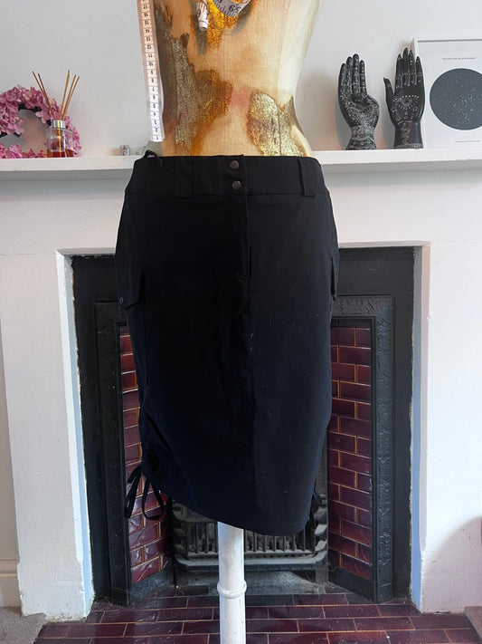 Vintage Black Cargo Skirt - Side Pocket Skirt - Drawstring Skirt 90s Black Stretch Skirt