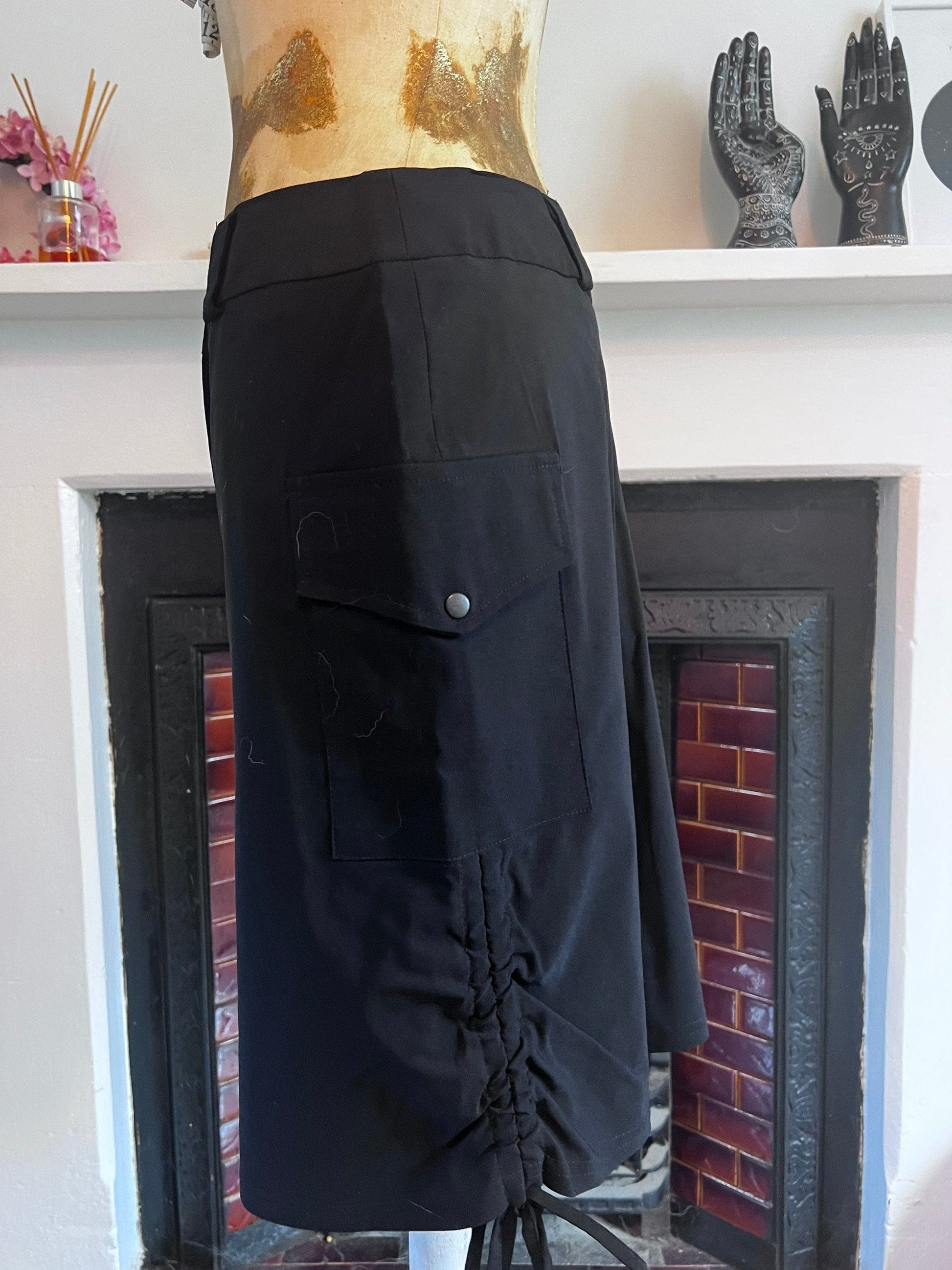 Vintage Black Cargo Skirt - Side Pocket Skirt - Drawstring Skirt 90s Black Stretch Skirt