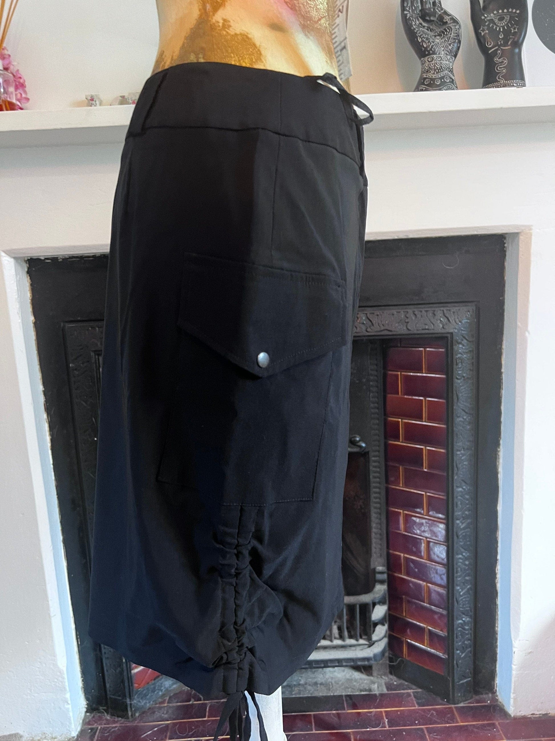 Vintage Black Cargo Skirt - Side Pocket Skirt - Drawstring Skirt 90s Black Stretch Skirt